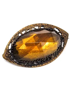 Victorian Citrine glass stamped brass vintage faceted Czech glass brooch pin