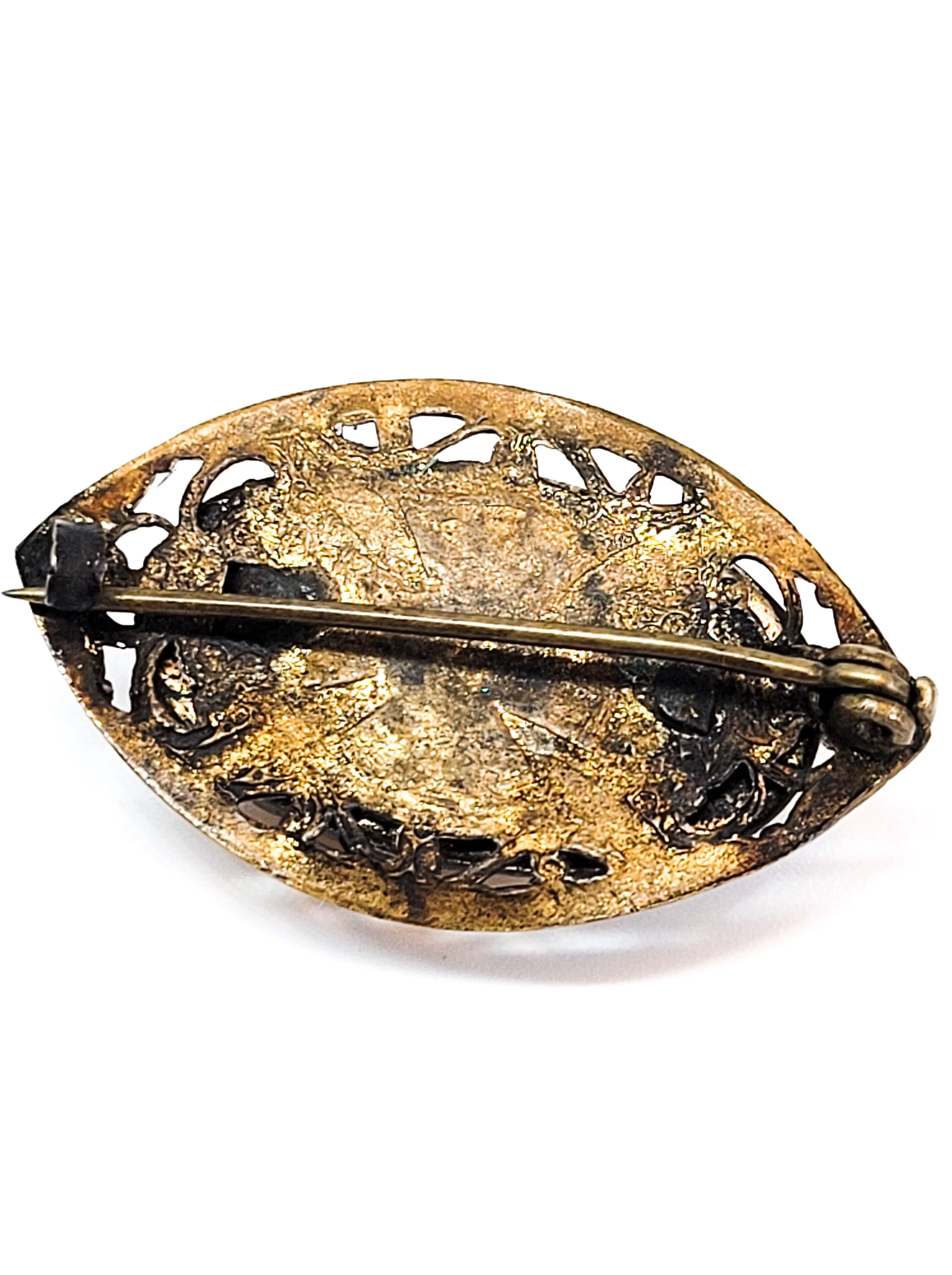Victorian Citrine glass stamped brass vintage faceted Czech glass brooch pin