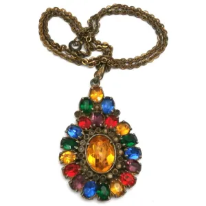 Vintage 1930s Paste Primary Colors Stone Pendant & Chain Large