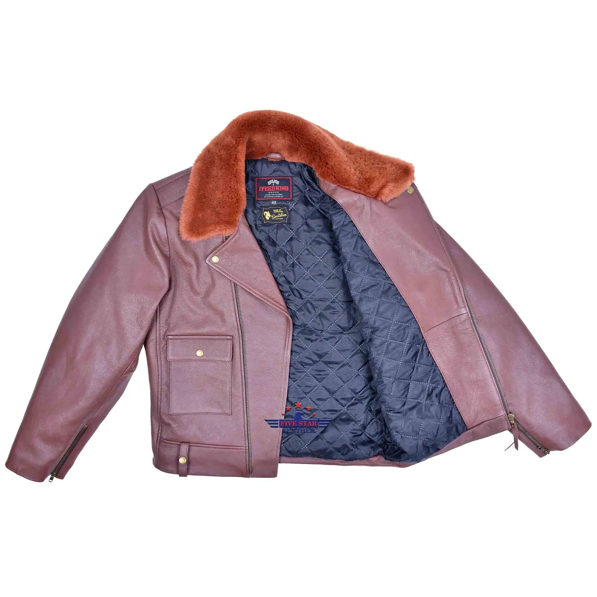 Vintage Beck Biker Jacket Goatskin Leather Russet Brown with Fur Collar