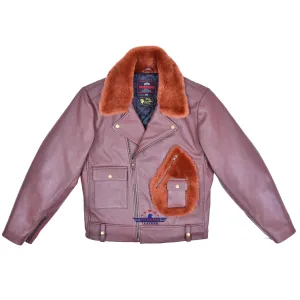 Vintage Beck Biker Jacket Goatskin Leather Russet Brown with Fur Collar