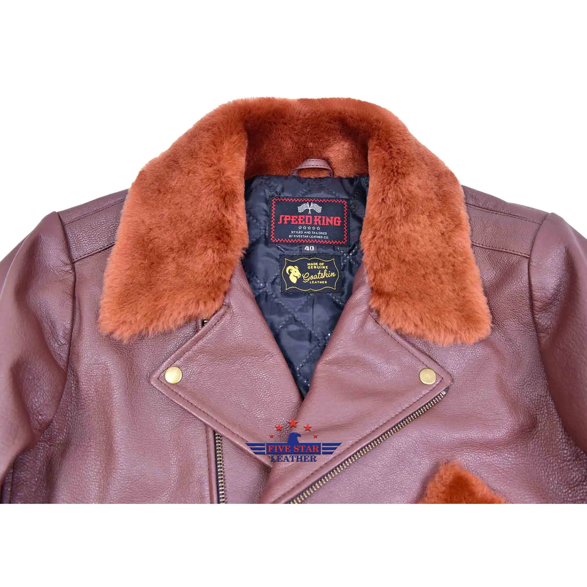 Vintage Beck Biker Jacket Goatskin Leather Russet Brown with Fur Collar