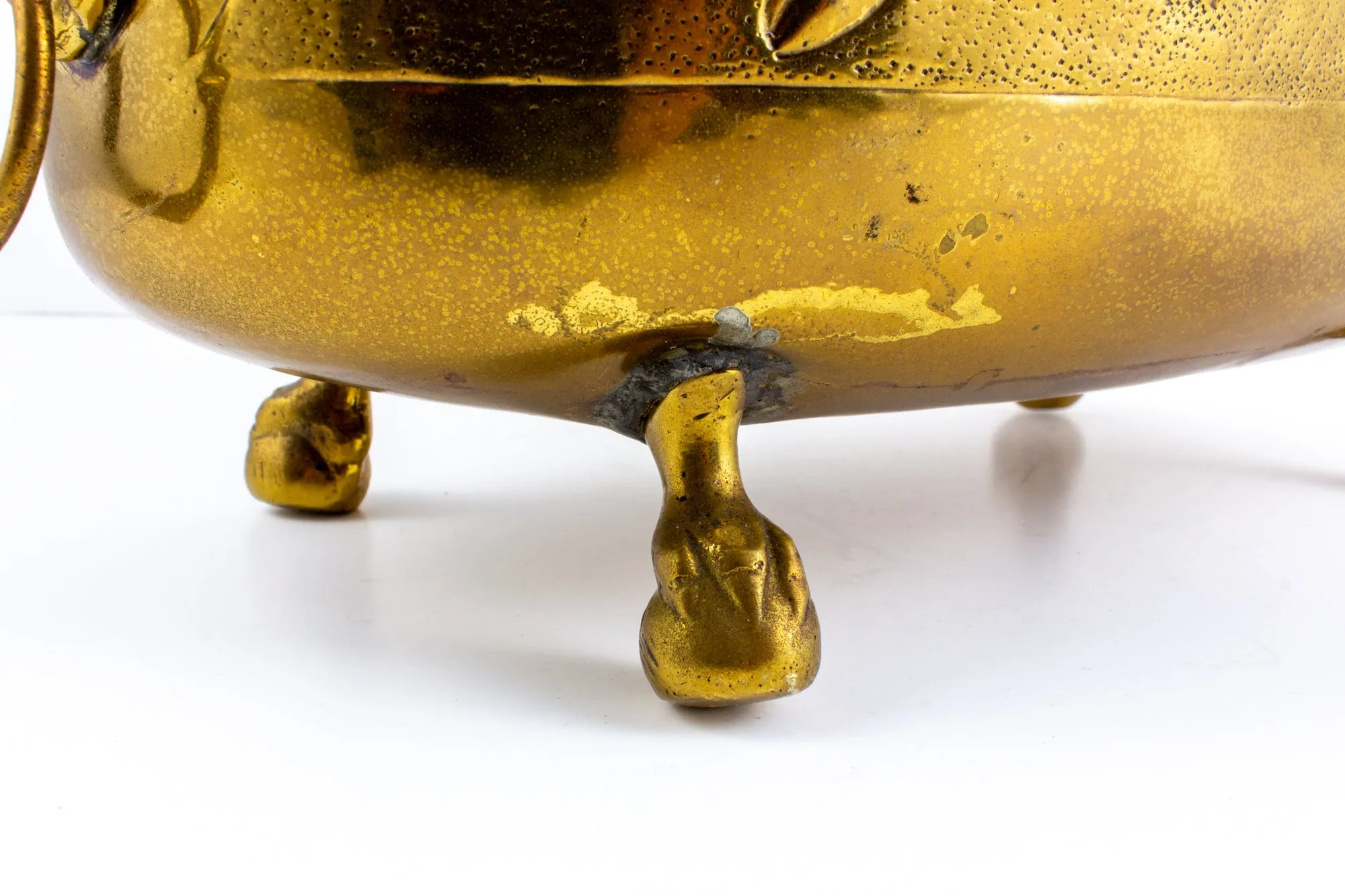Vintage French Ovular Brass Cachepot with Lion's Head Detail