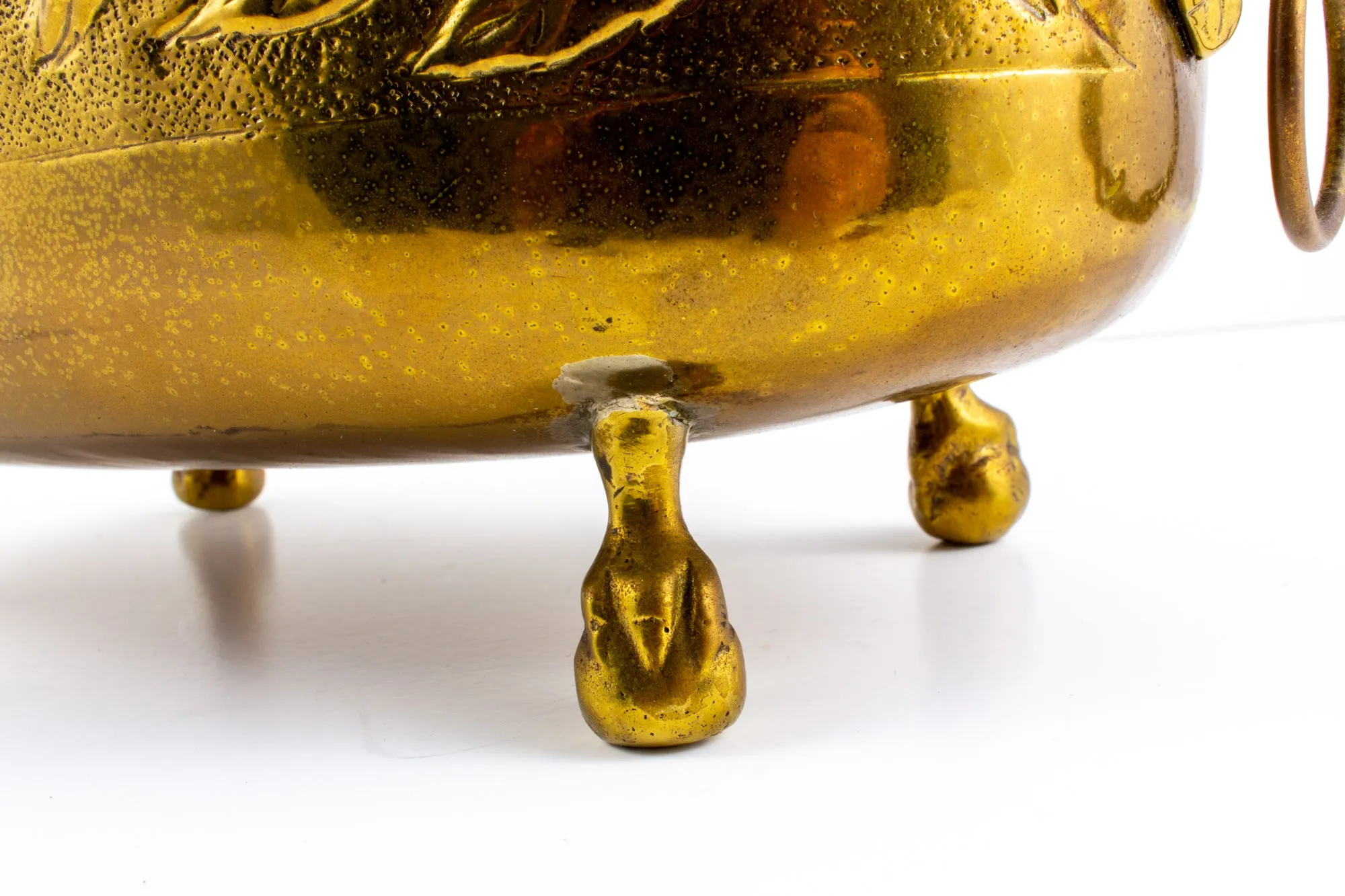 Vintage French Ovular Brass Cachepot with Lion's Head Detail