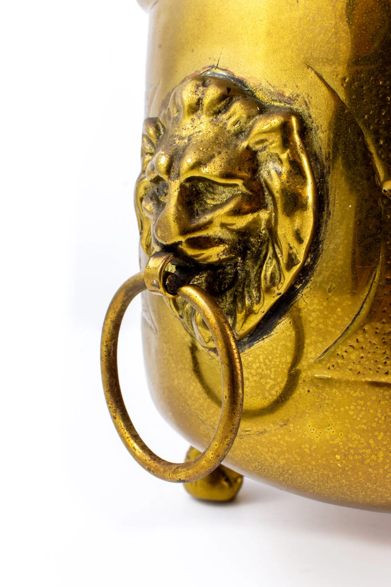 Vintage French Ovular Brass Cachepot with Lion's Head Detail