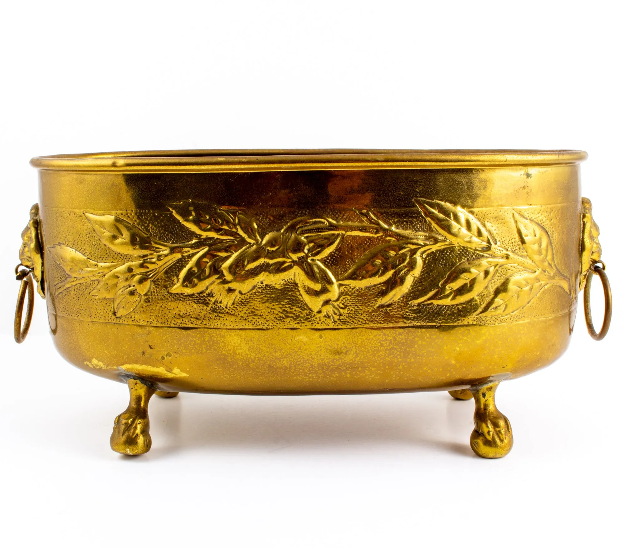 Vintage French Ovular Brass Cachepot with Lion's Head Detail
