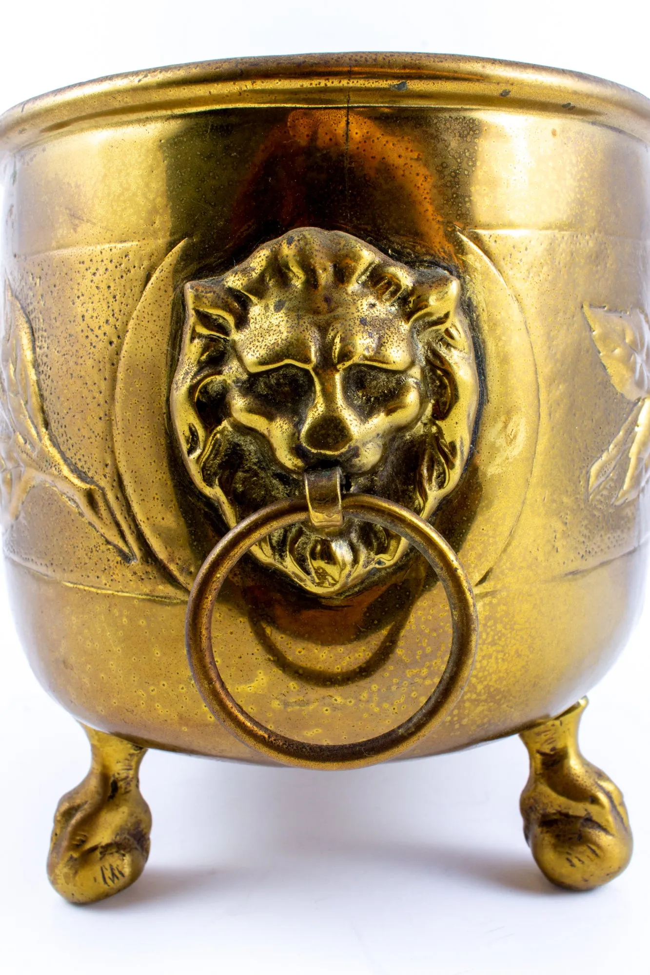 Vintage French Ovular Brass Cachepot with Lion's Head Detail