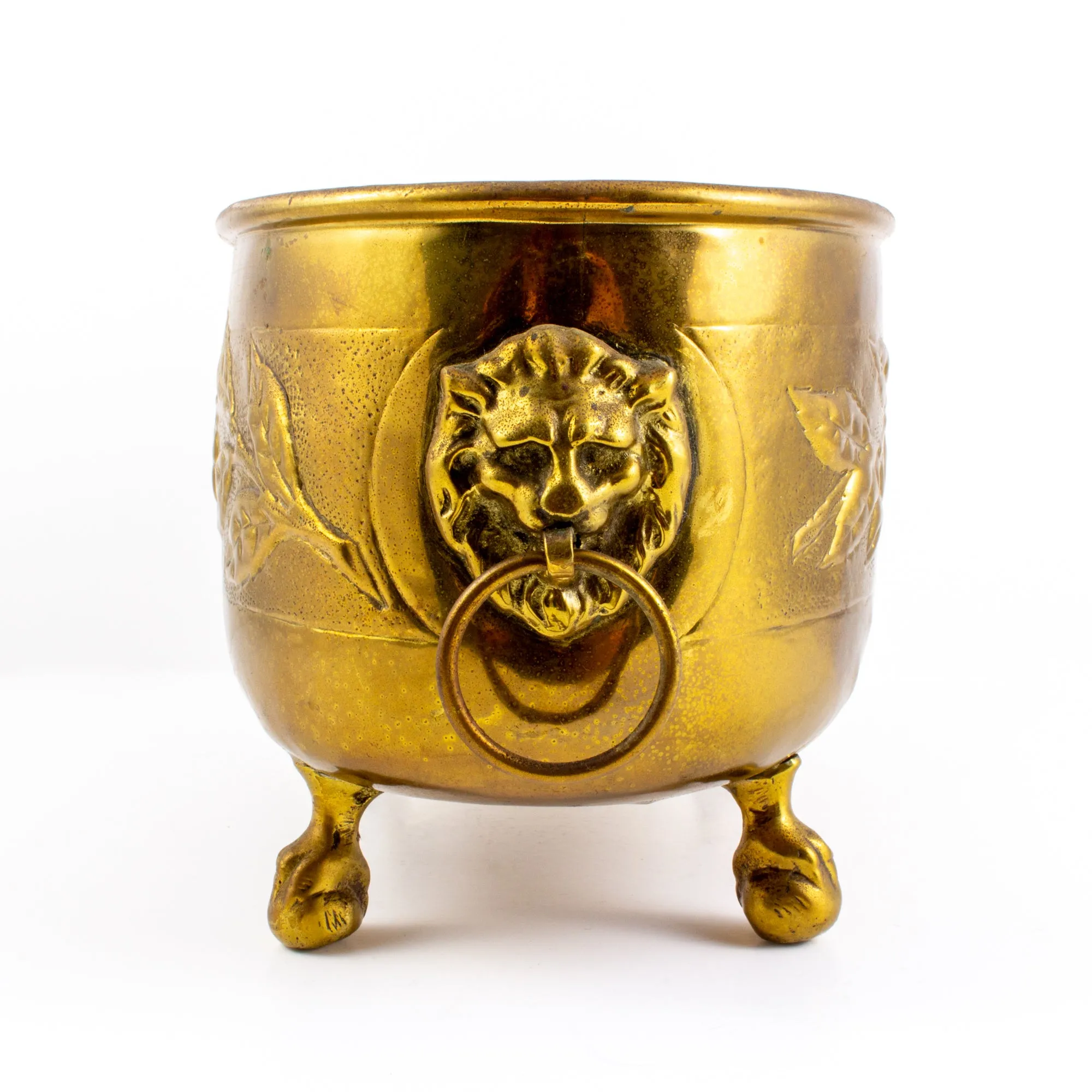 Vintage French Ovular Brass Cachepot with Lion's Head Detail