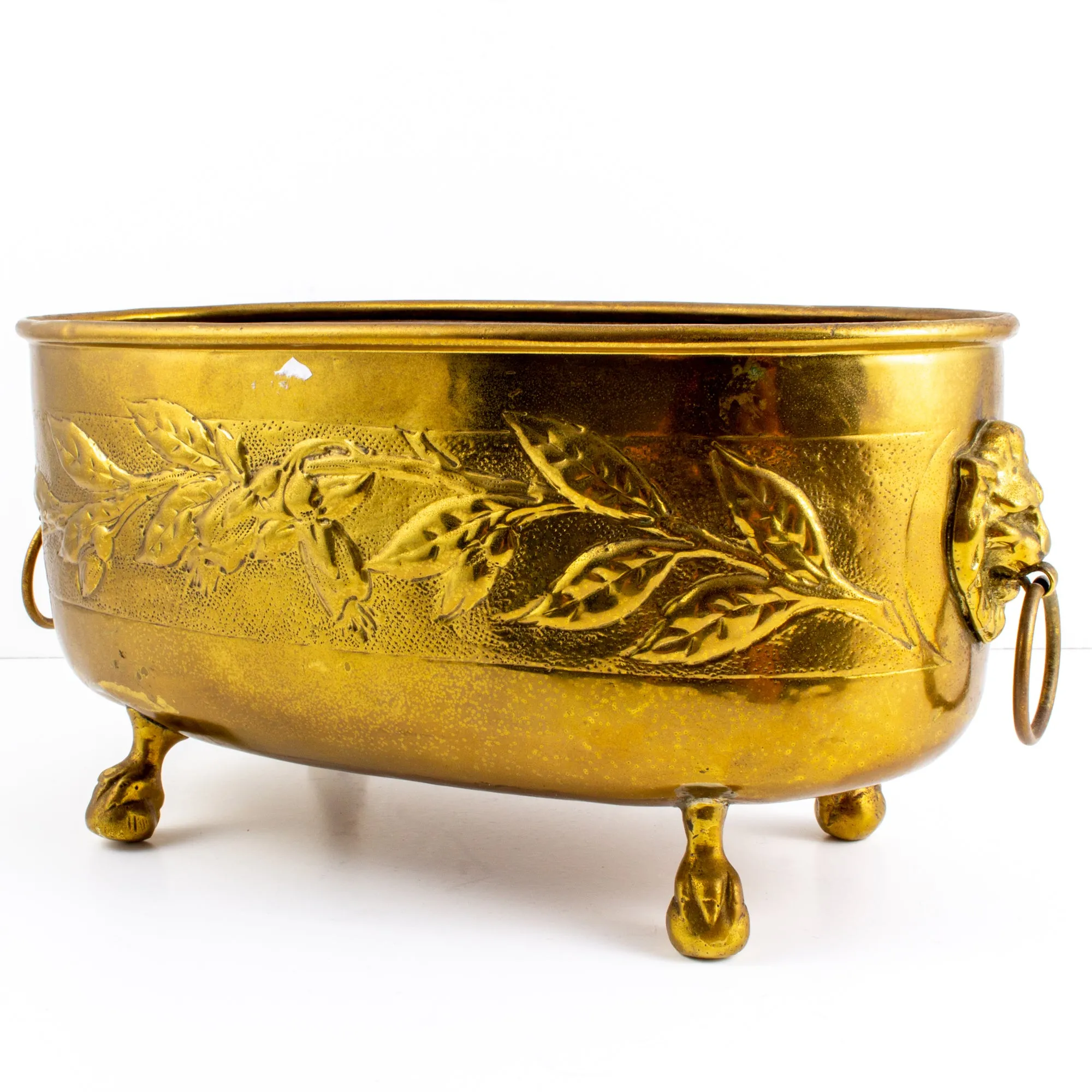 Vintage French Ovular Brass Cachepot with Lion's Head Detail