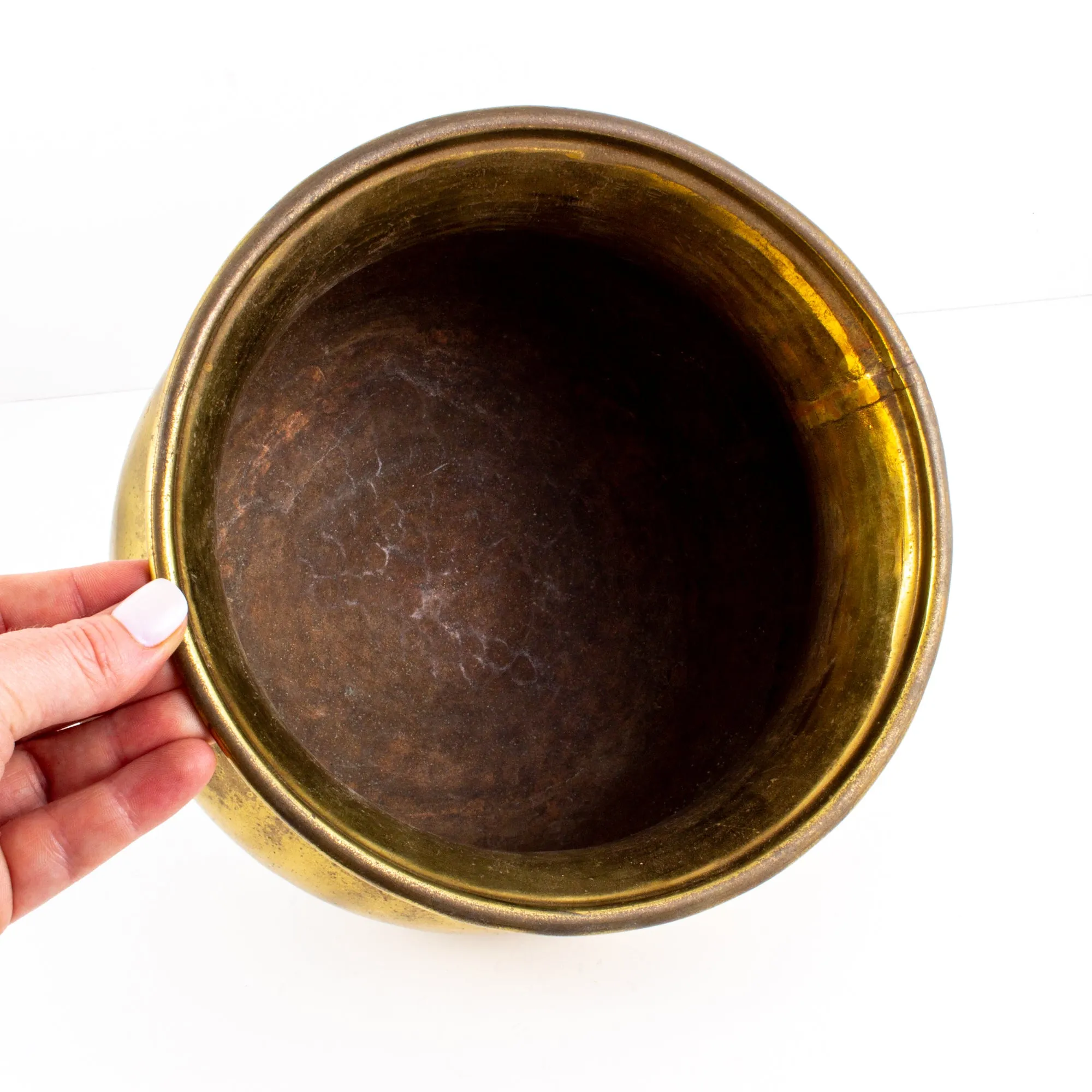 Vintage French Urn-Shaped Brass Cachepot with Lion's Head Detail