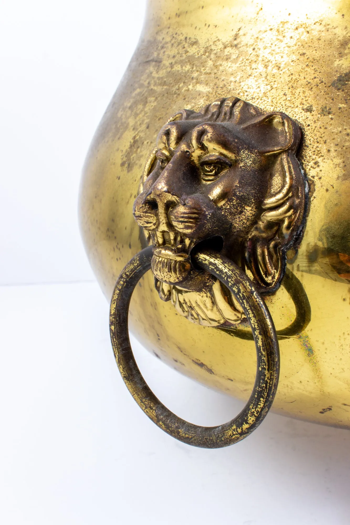 Vintage French Urn-Shaped Brass Cachepot with Lion's Head Detail