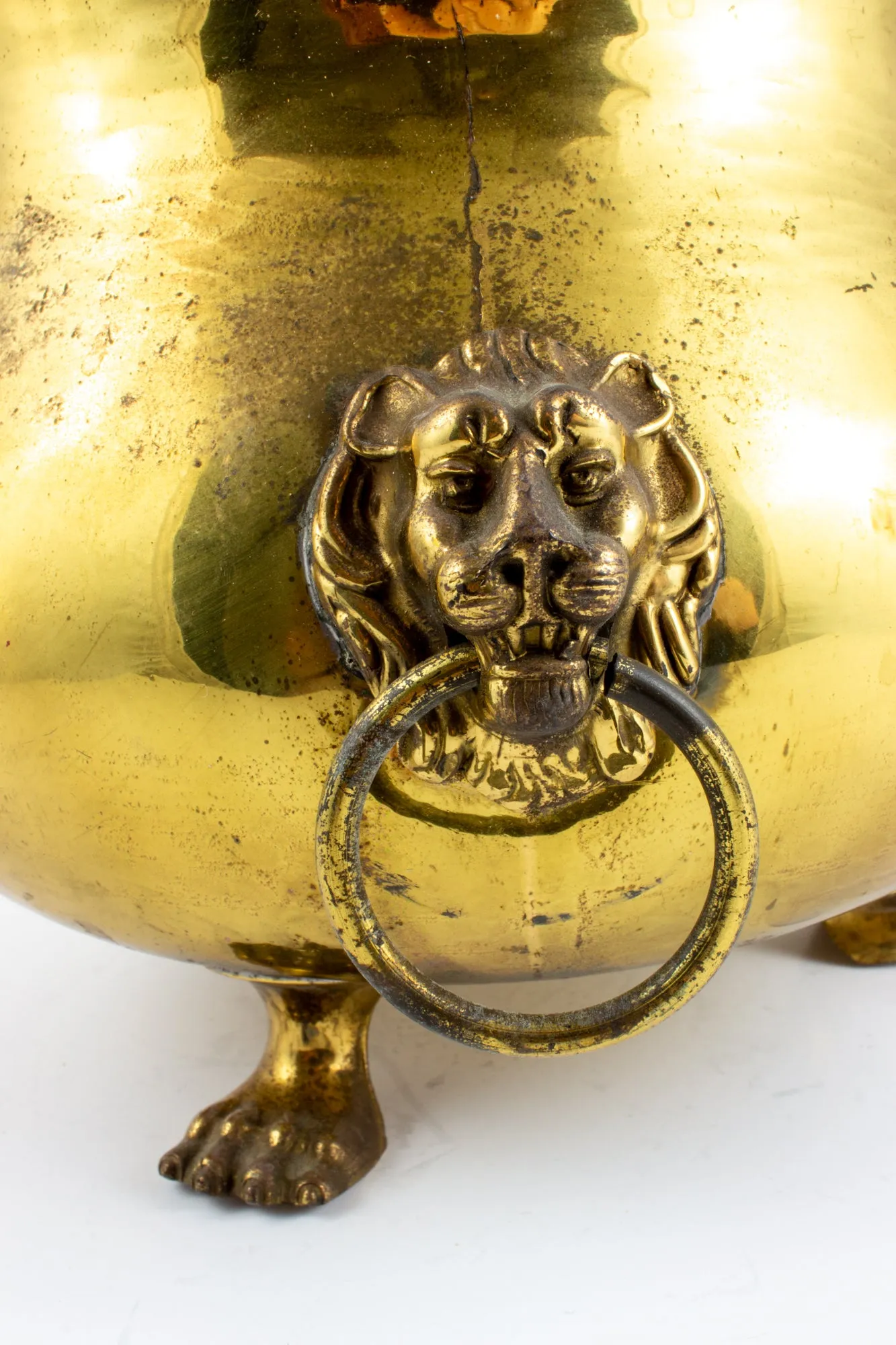 Vintage French Urn-Shaped Brass Cachepot with Lion's Head Detail