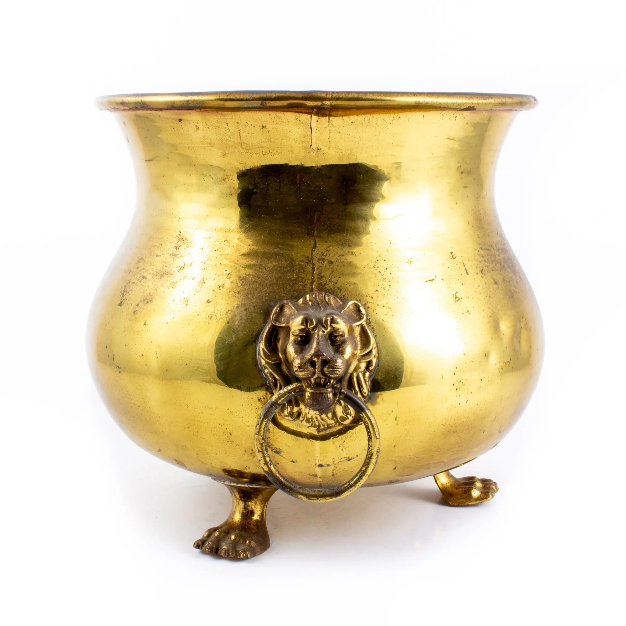 Vintage French Urn-Shaped Brass Cachepot with Lion's Head Detail