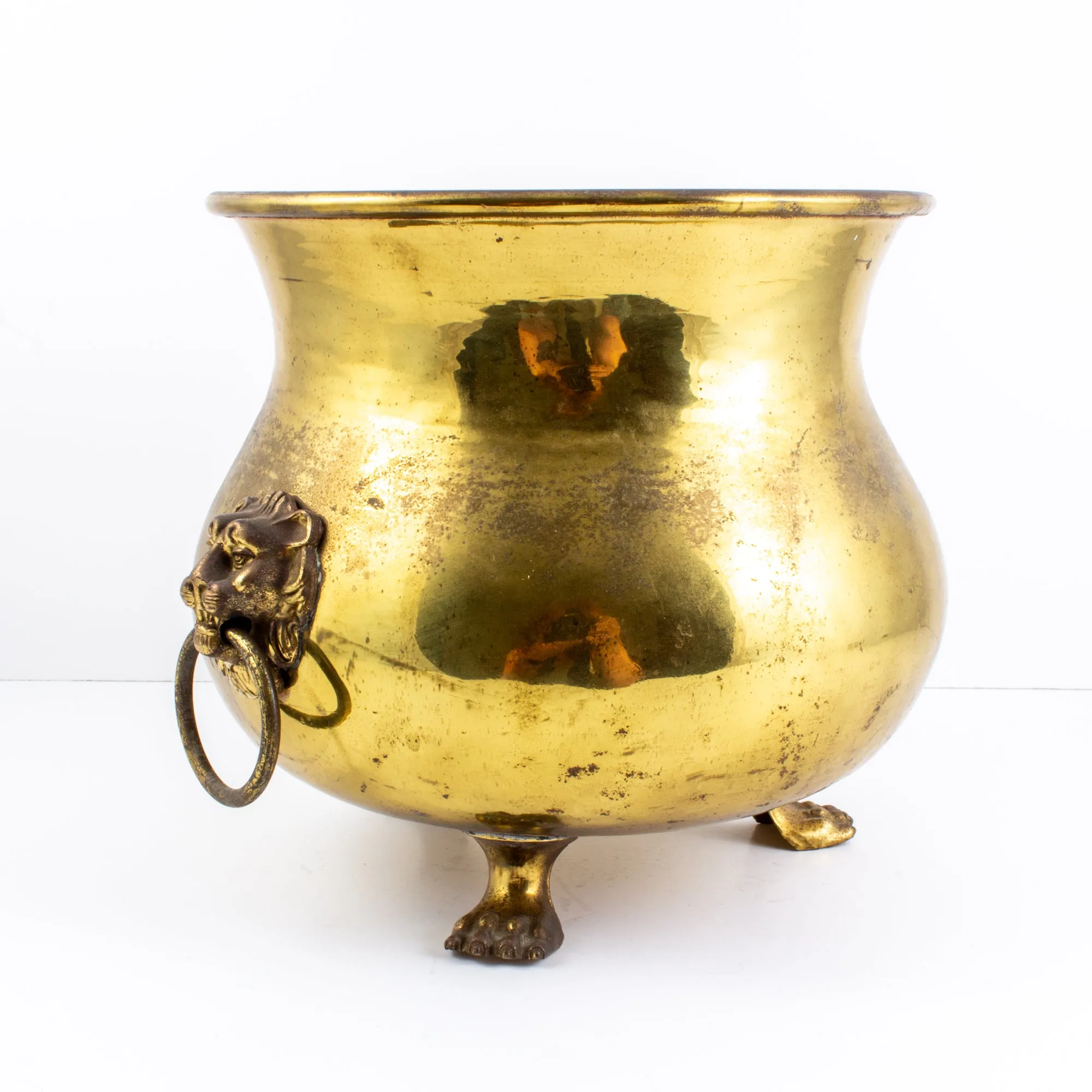 Vintage French Urn-Shaped Brass Cachepot with Lion's Head Detail
