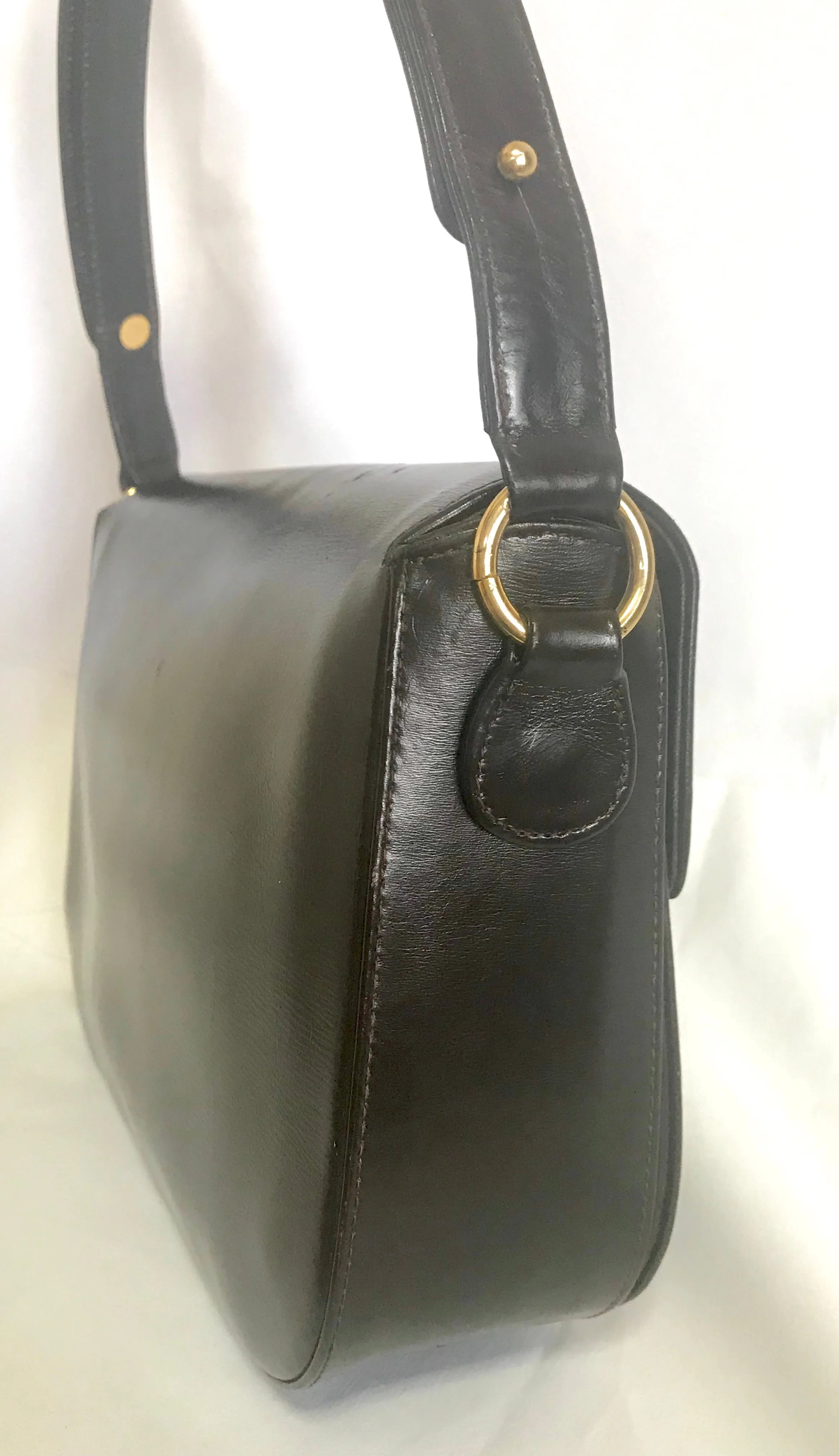 Vintage Lanvin dark brown leather elegant shoulder bag with iconic golden logo motif, Classic purse for daily use. 060620r1