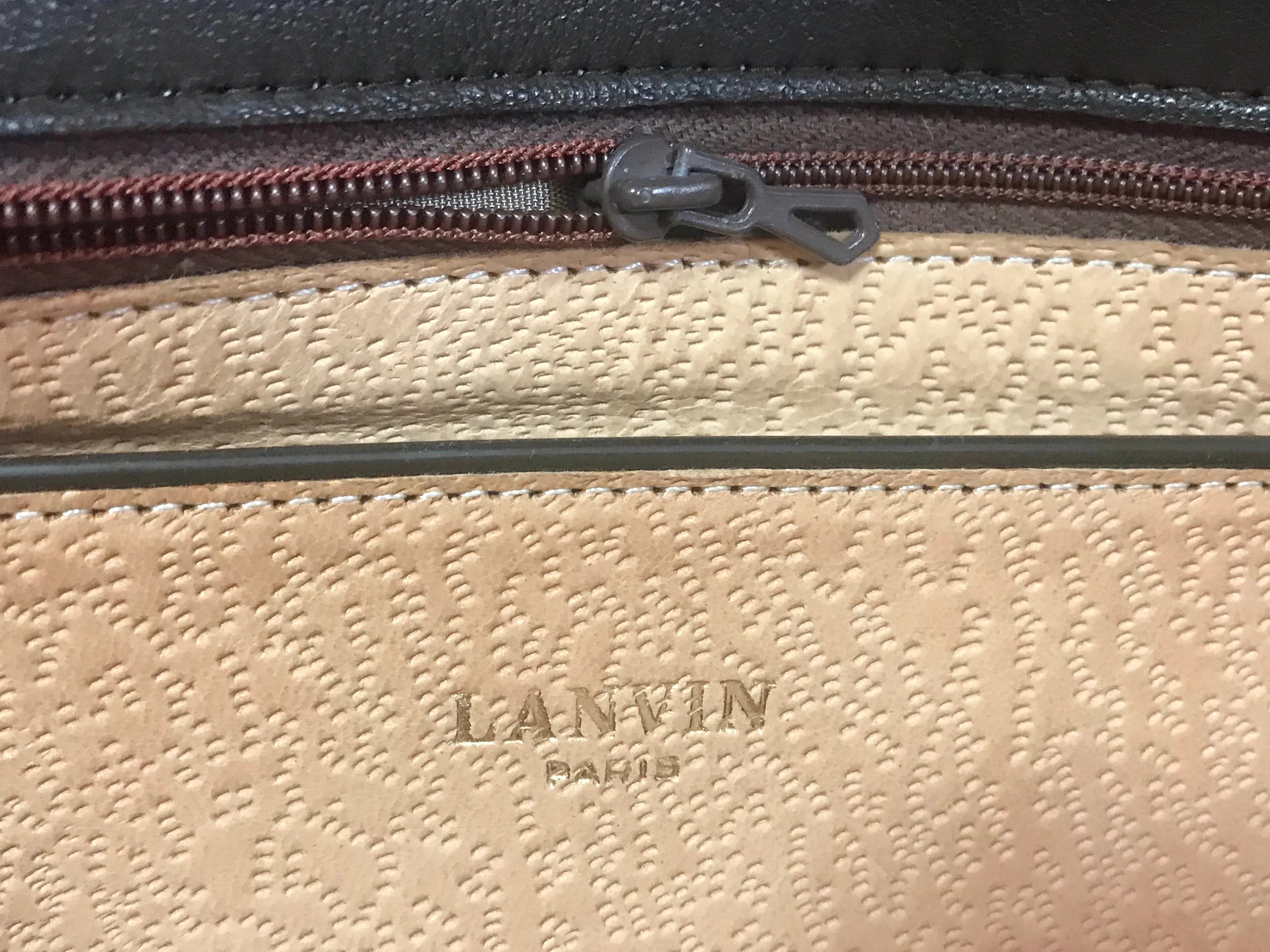 Vintage Lanvin dark brown leather elegant shoulder bag with iconic golden logo motif, Classic purse for daily use. 060620r1