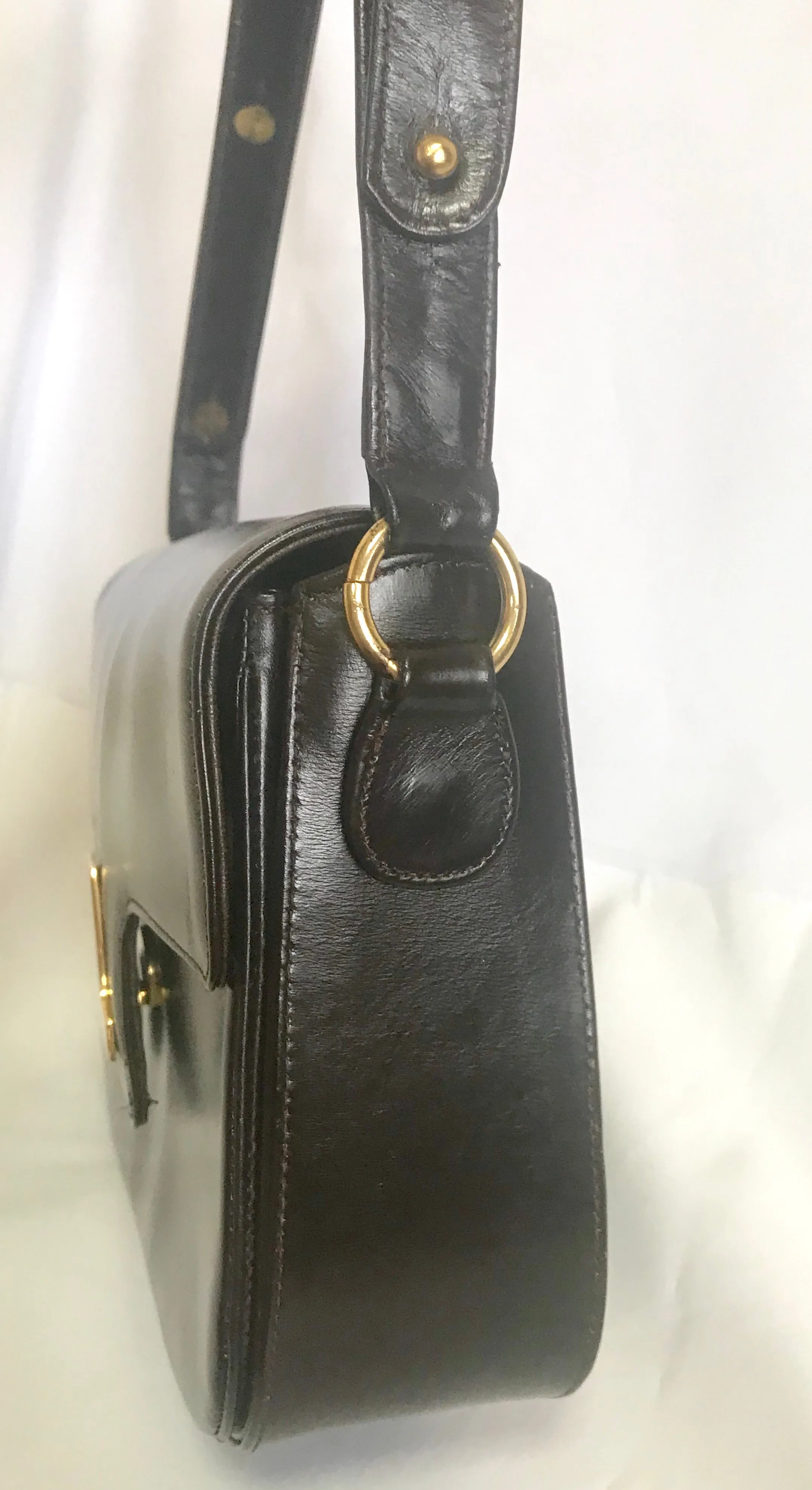 Vintage Lanvin dark brown leather elegant shoulder bag with iconic golden logo motif, Classic purse for daily use. 060620r1