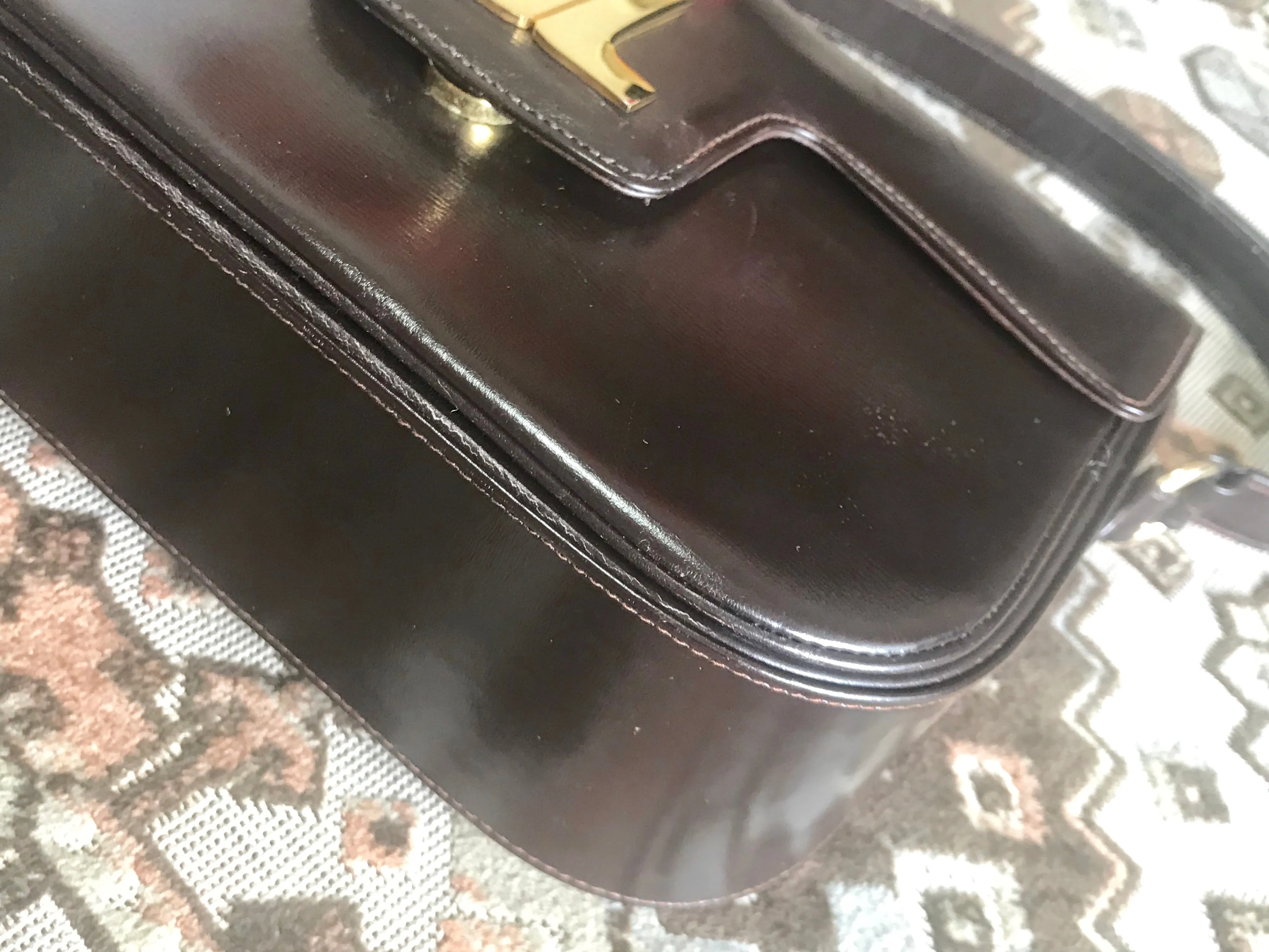Vintage Lanvin dark brown leather elegant shoulder bag with iconic golden logo motif, Classic purse for daily use. 060620r1