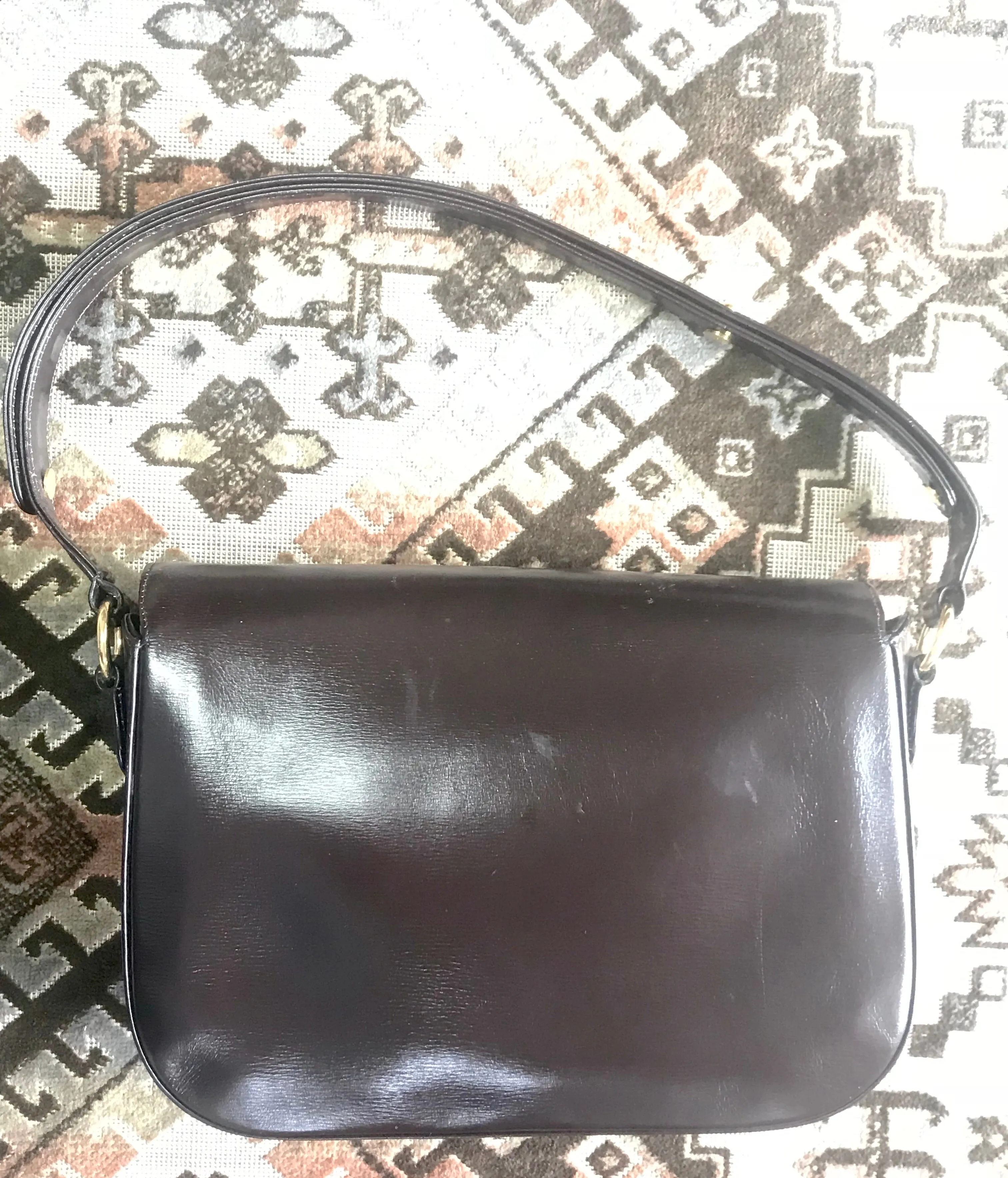 Vintage Lanvin dark brown leather elegant shoulder bag with iconic golden logo motif, Classic purse for daily use. 060620r1