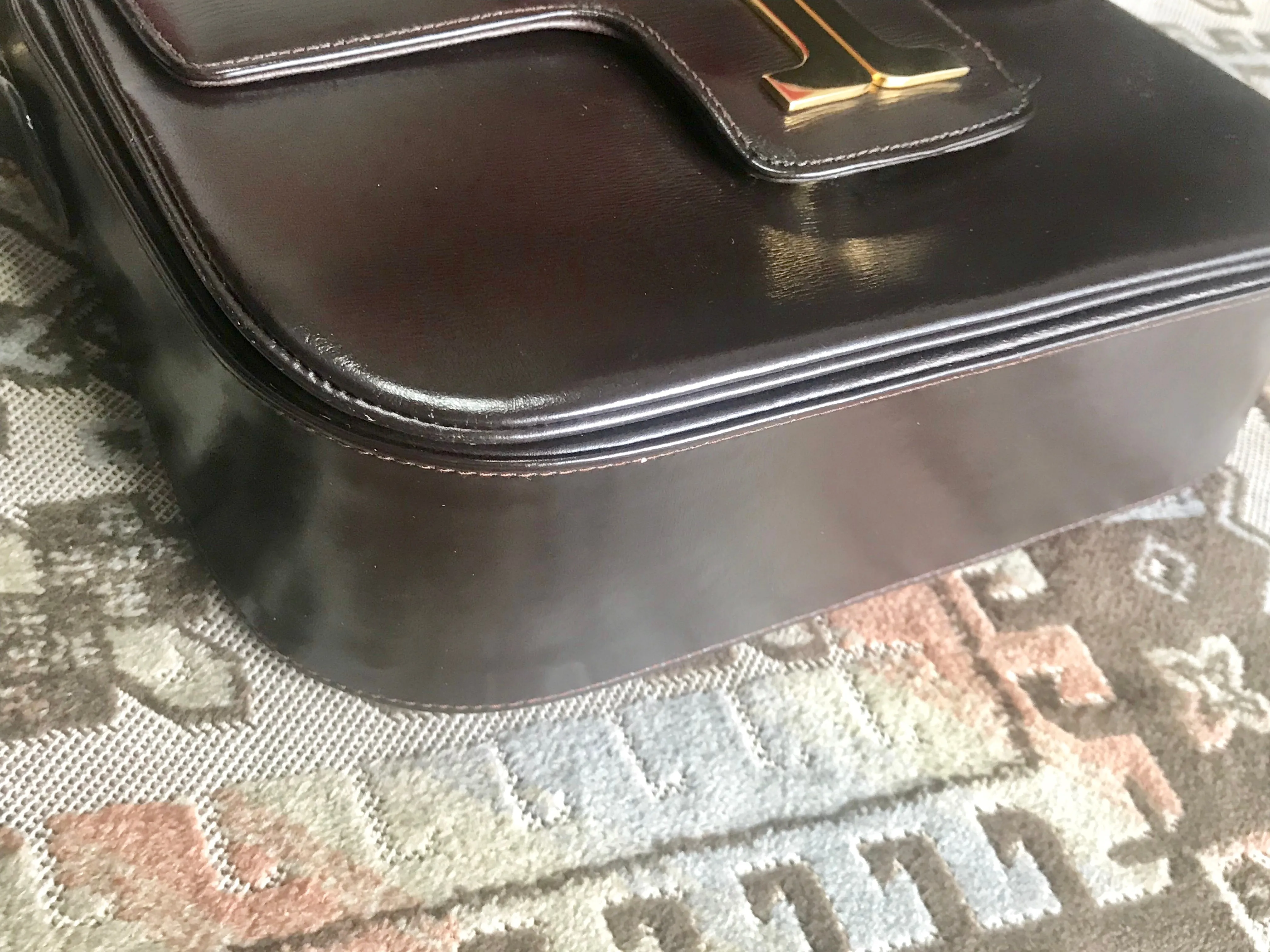 Vintage Lanvin dark brown leather elegant shoulder bag with iconic golden logo motif, Classic purse for daily use. 060620r1