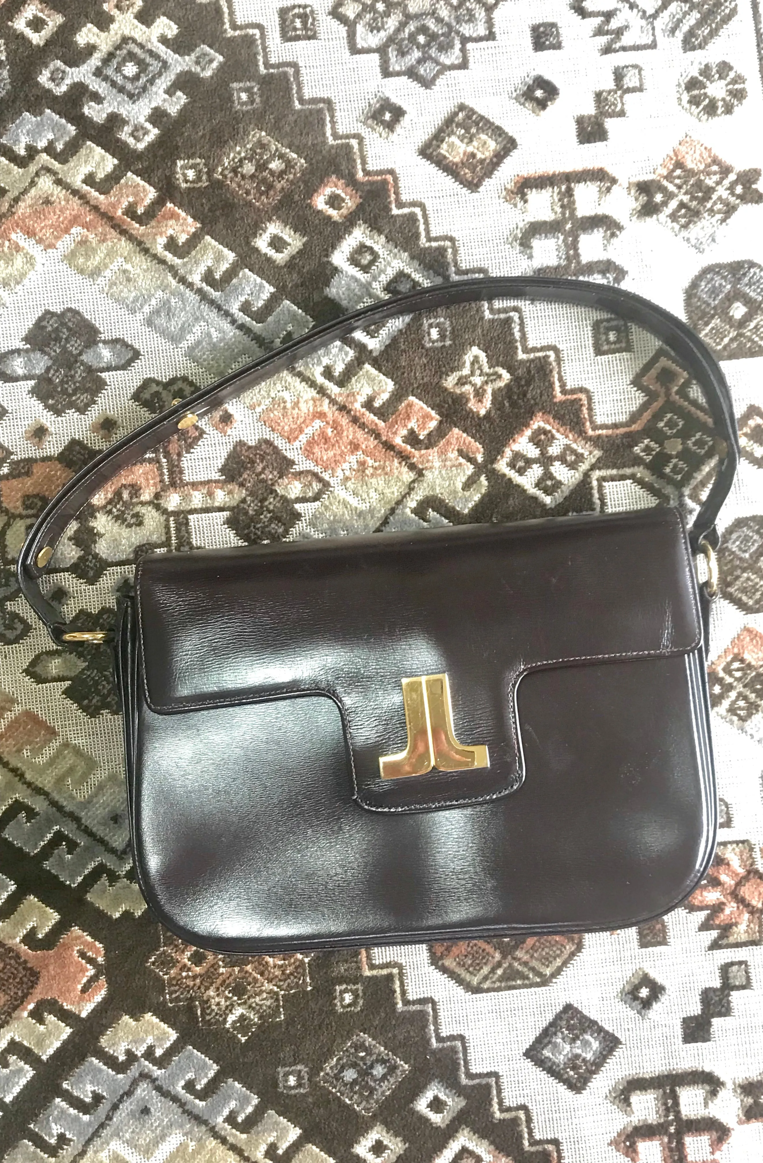 Vintage Lanvin dark brown leather elegant shoulder bag with iconic golden logo motif, Classic purse for daily use. 060620r1