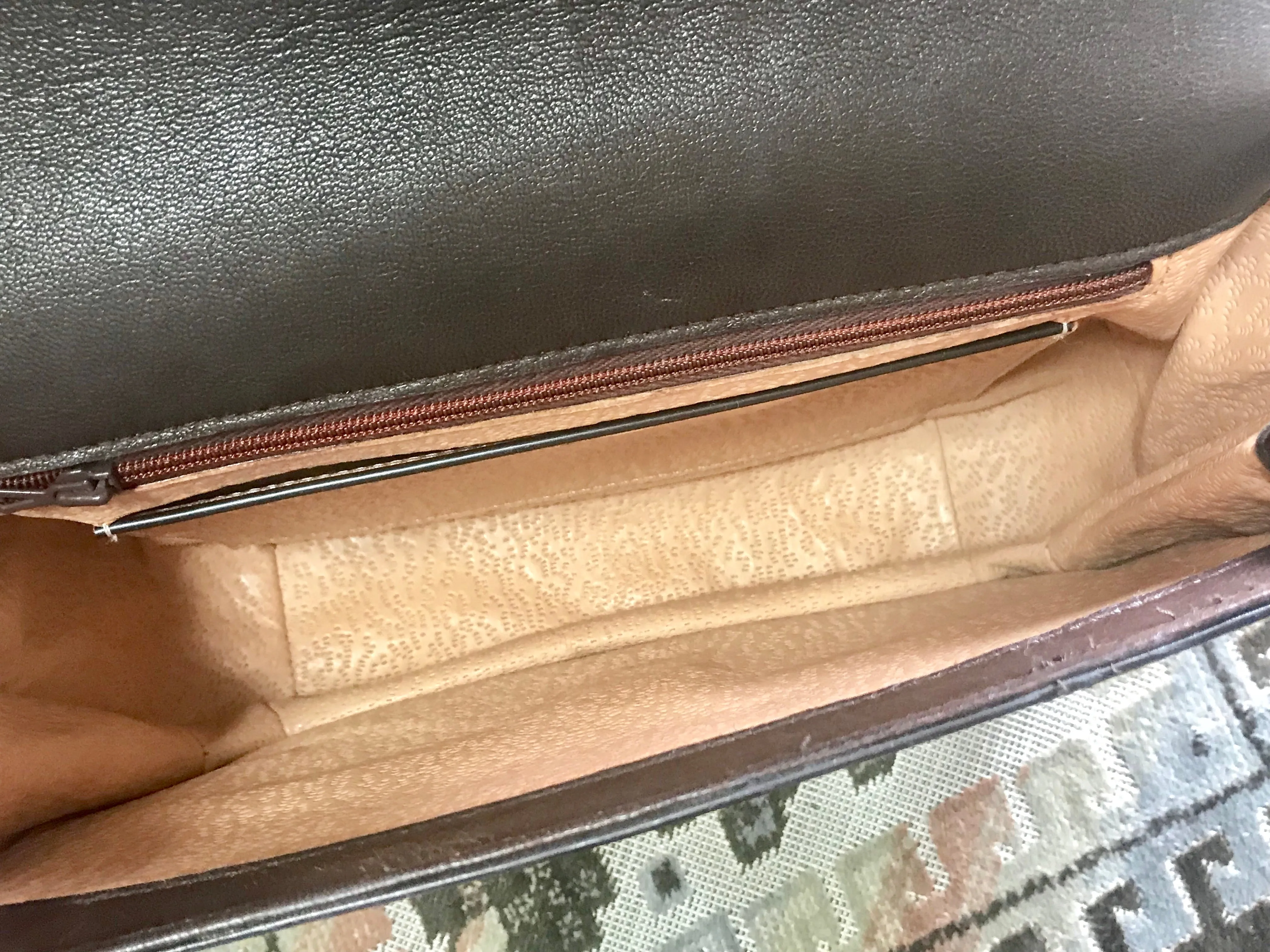 Vintage Lanvin dark brown leather elegant shoulder bag with iconic golden logo motif, Classic purse for daily use. 060620r1