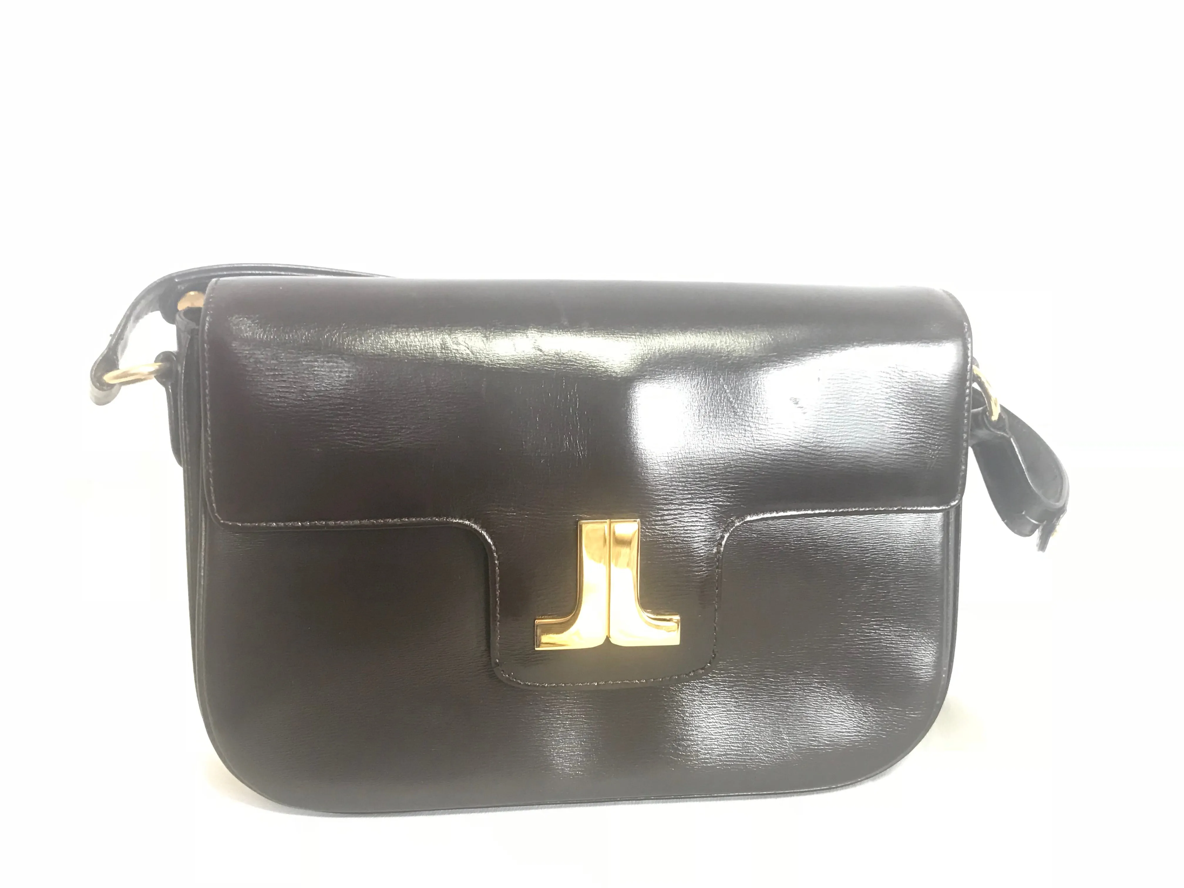 Vintage Lanvin dark brown leather elegant shoulder bag with iconic golden logo motif, Classic purse for daily use. 060620r1