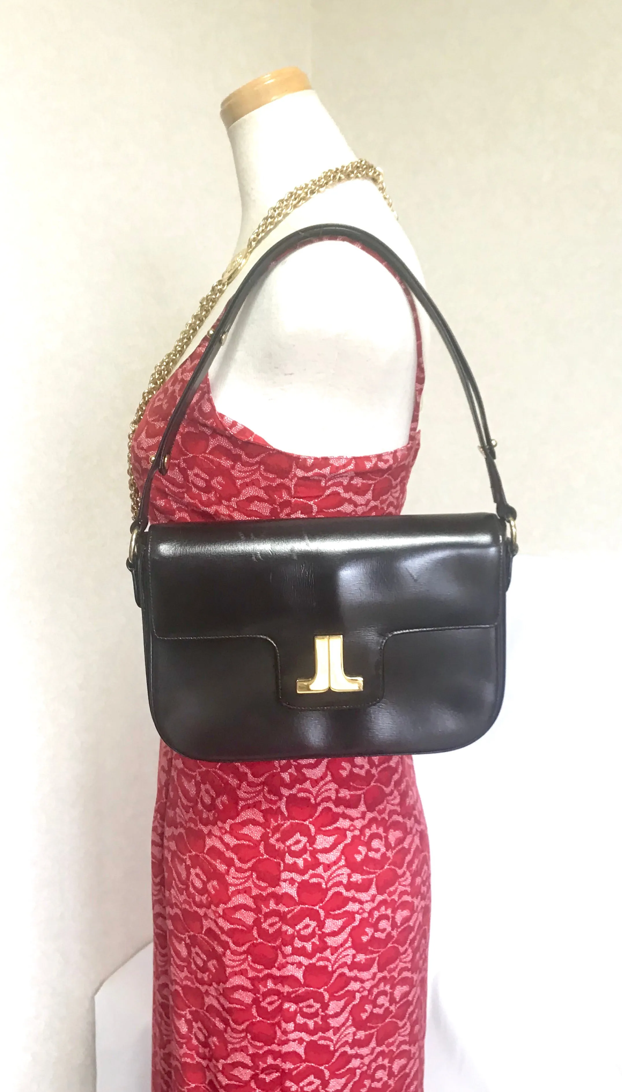 Vintage Lanvin dark brown leather elegant shoulder bag with iconic golden logo motif, Classic purse for daily use. 060620r1