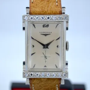 Vintage Longines Top Hat 14K White Gold Diamond Bezel 1940's Ladies Manual Watch