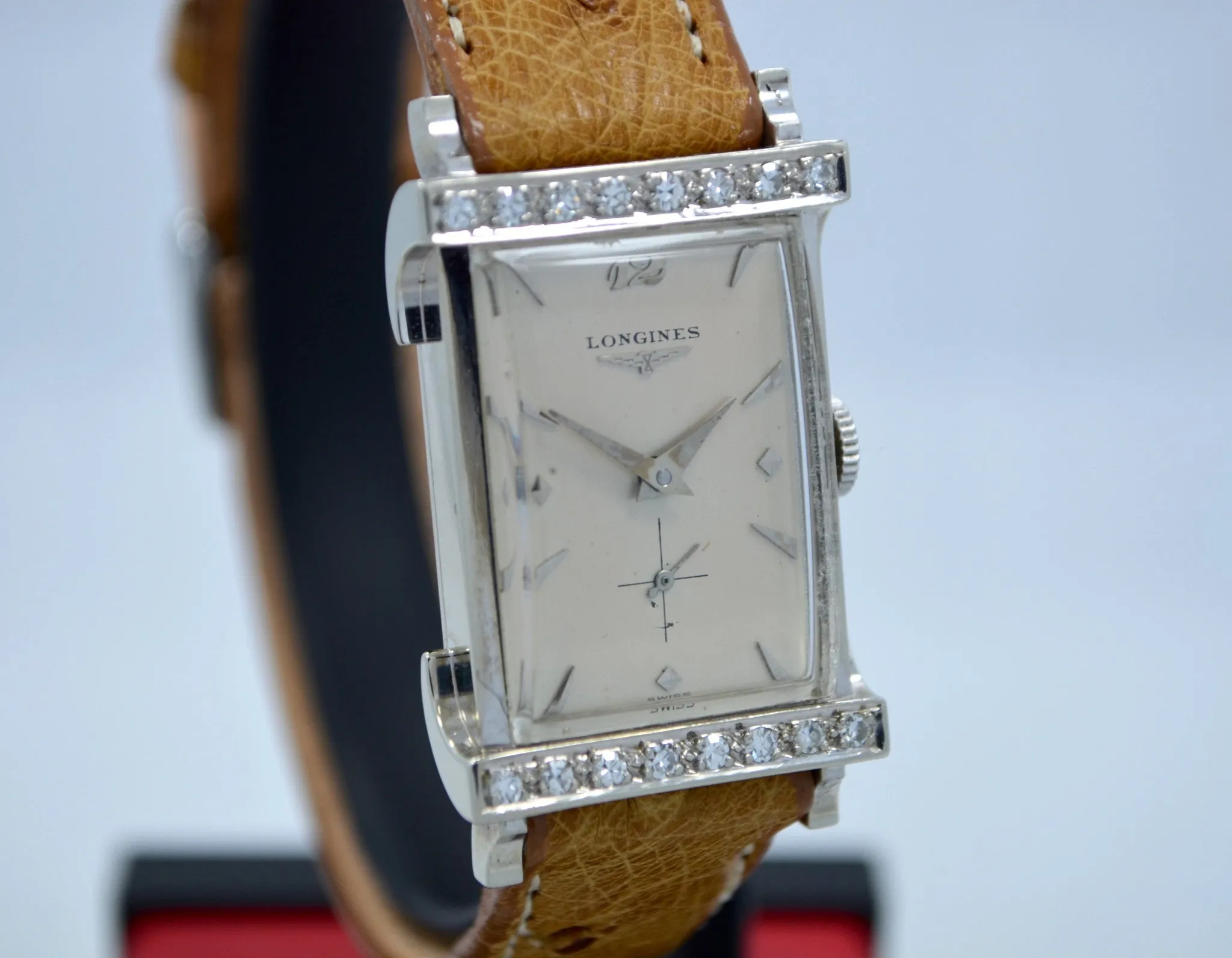 Vintage Longines Top Hat 14K White Gold Diamond Bezel 1940's Ladies Manual Watch