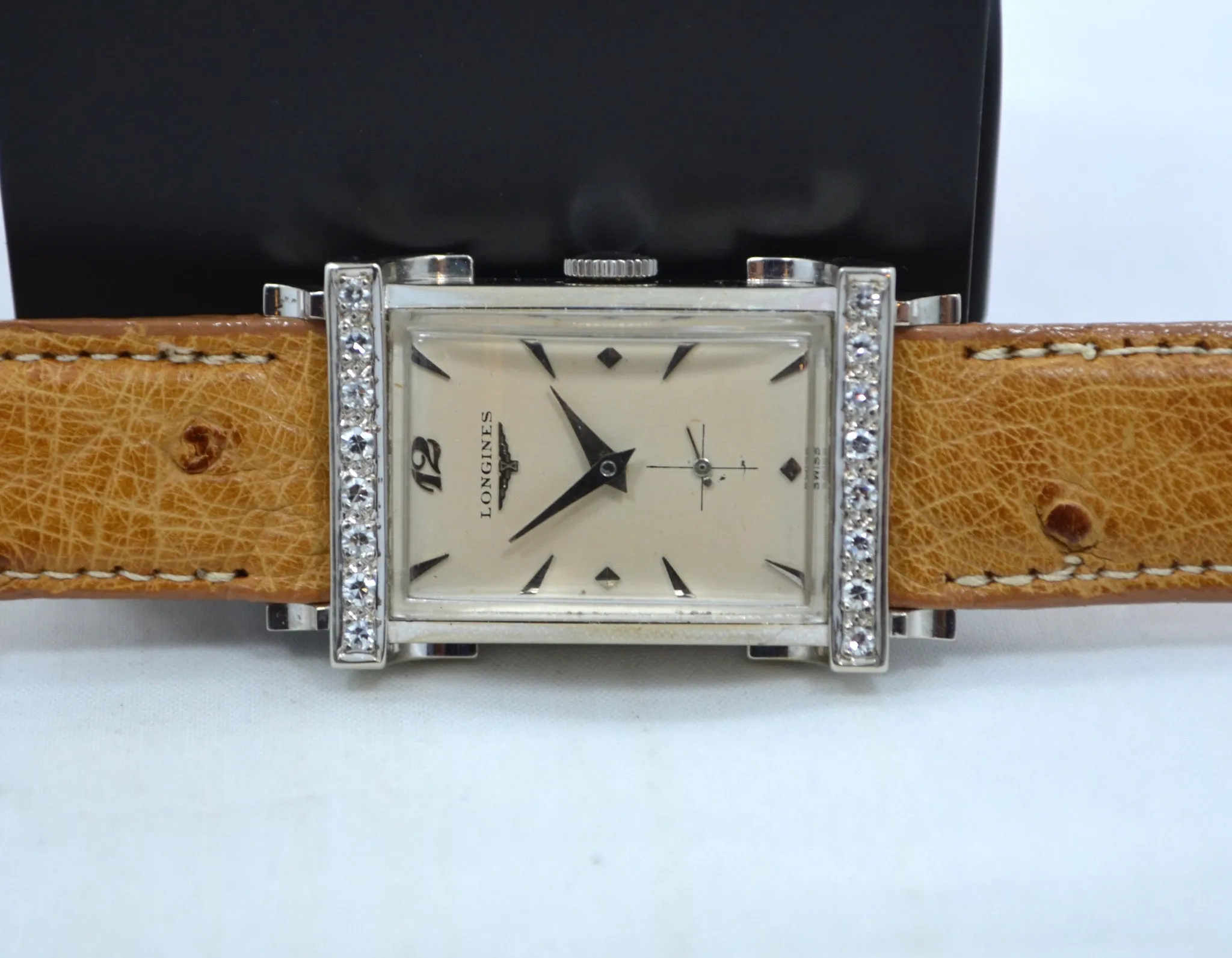 Vintage Longines Top Hat 14K White Gold Diamond Bezel 1940's Ladies Manual Watch