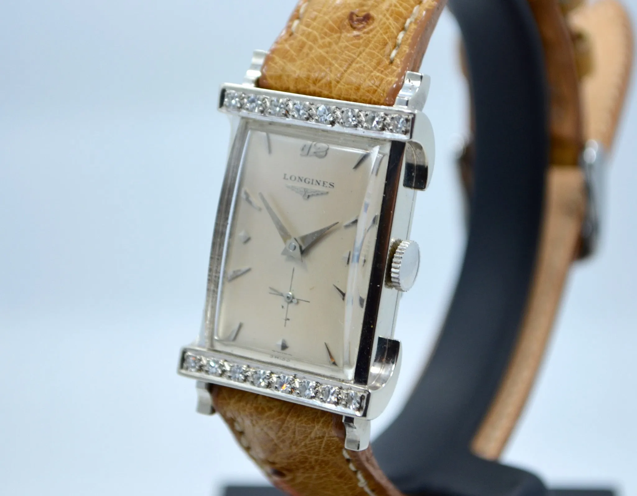 Vintage Longines Top Hat 14K White Gold Diamond Bezel 1940's Ladies Manual Watch