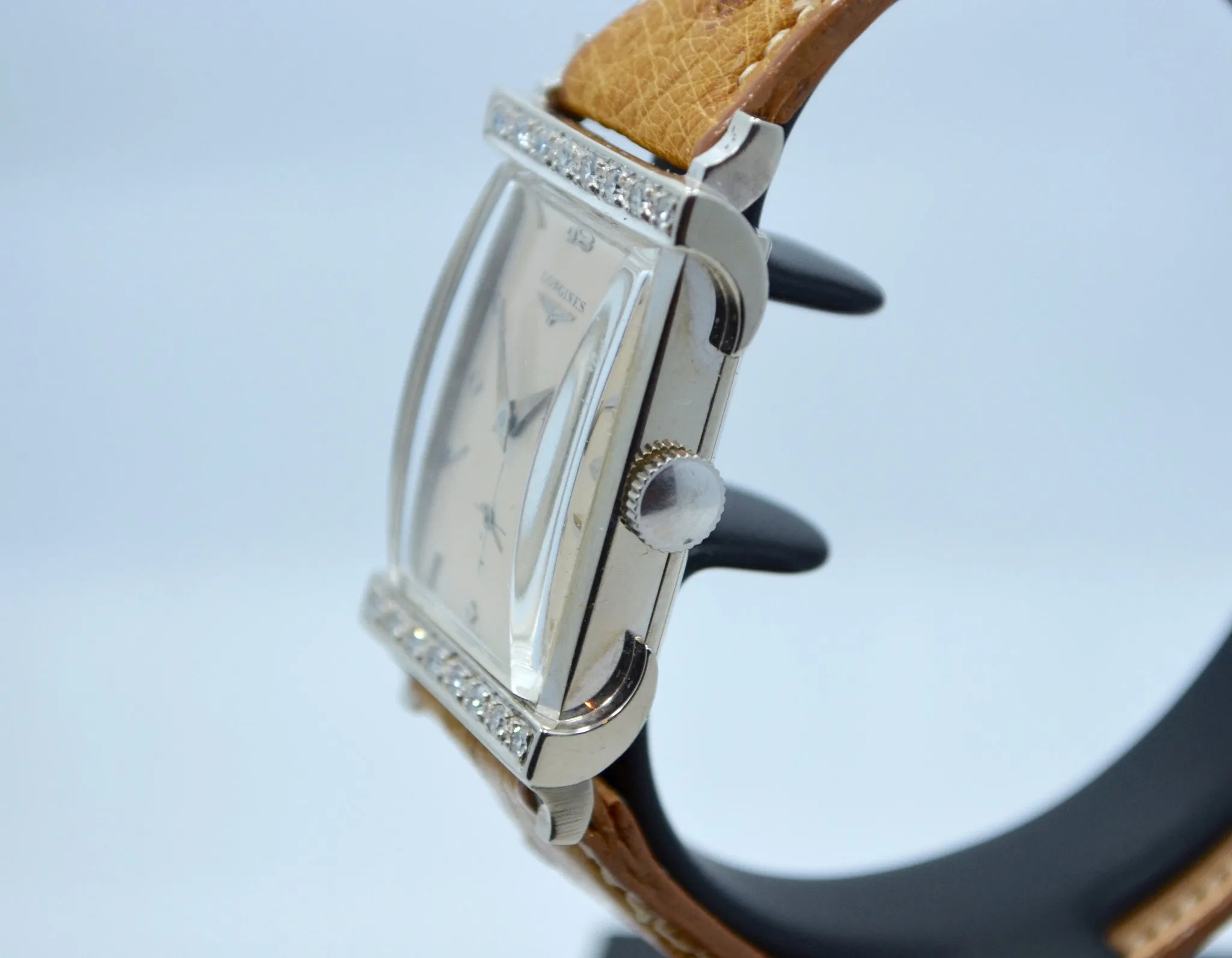 Vintage Longines Top Hat 14K White Gold Diamond Bezel 1940's Ladies Manual Watch