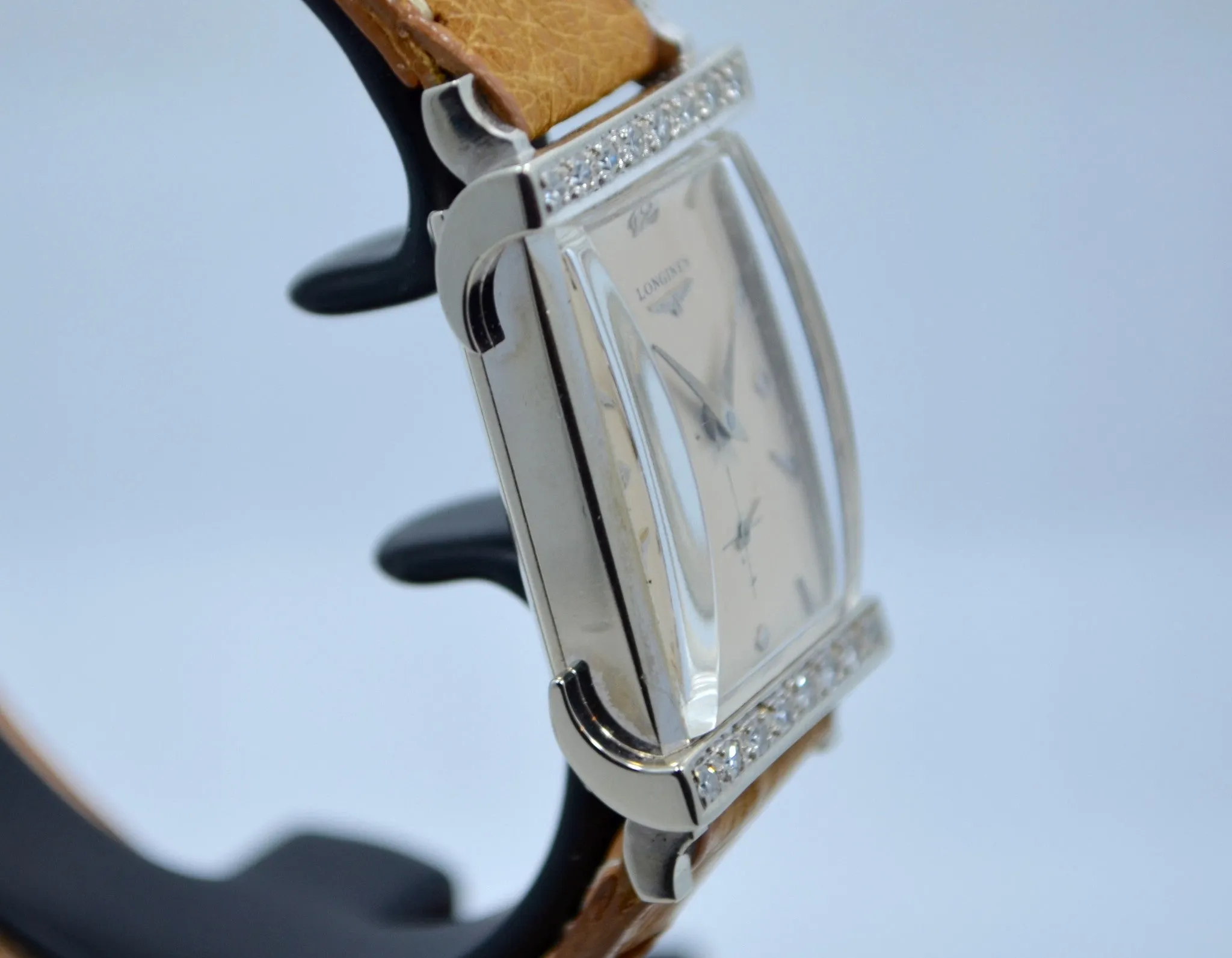 Vintage Longines Top Hat 14K White Gold Diamond Bezel 1940's Ladies Manual Watch