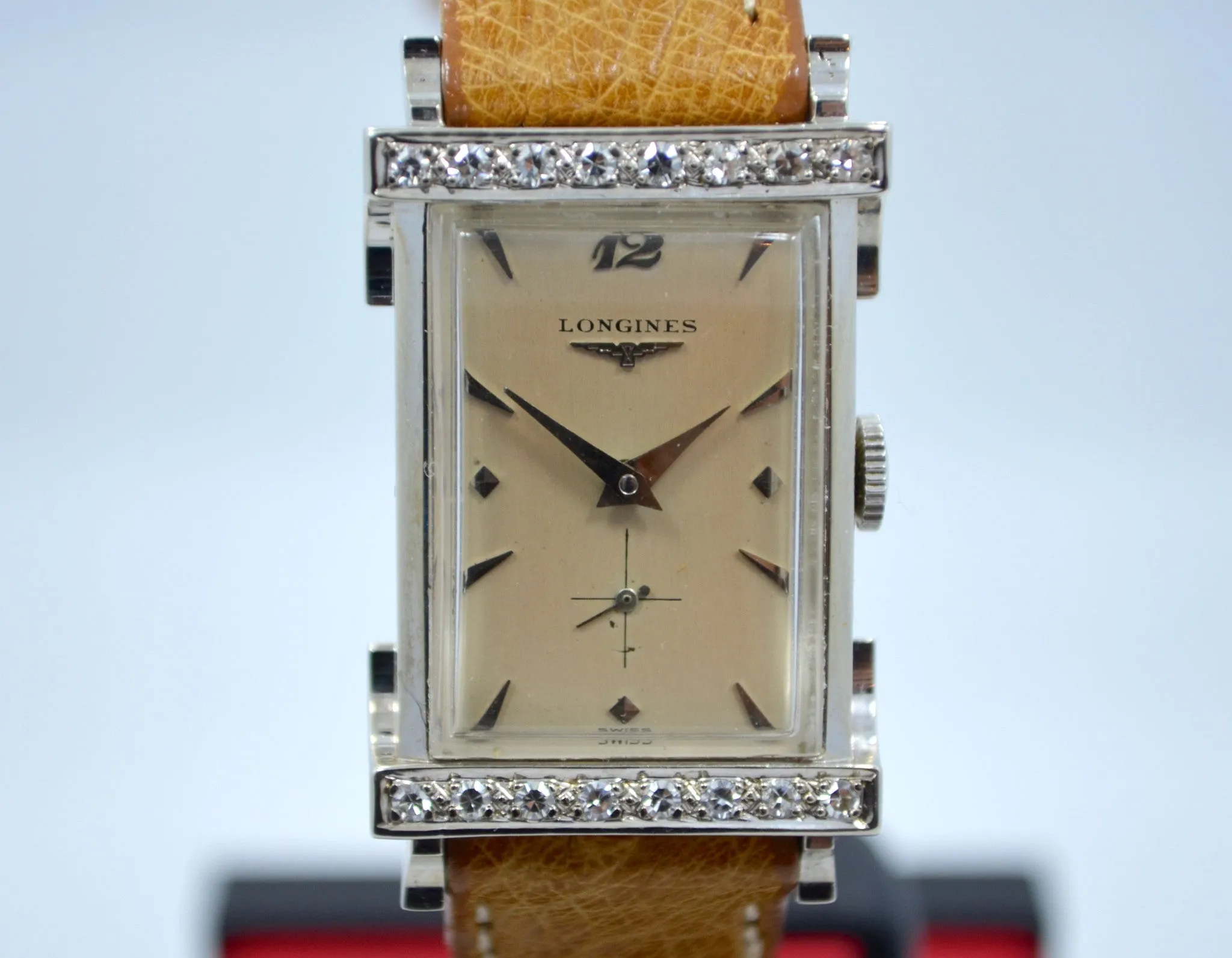 Vintage Longines Top Hat 14K White Gold Diamond Bezel 1940's Ladies Manual Watch