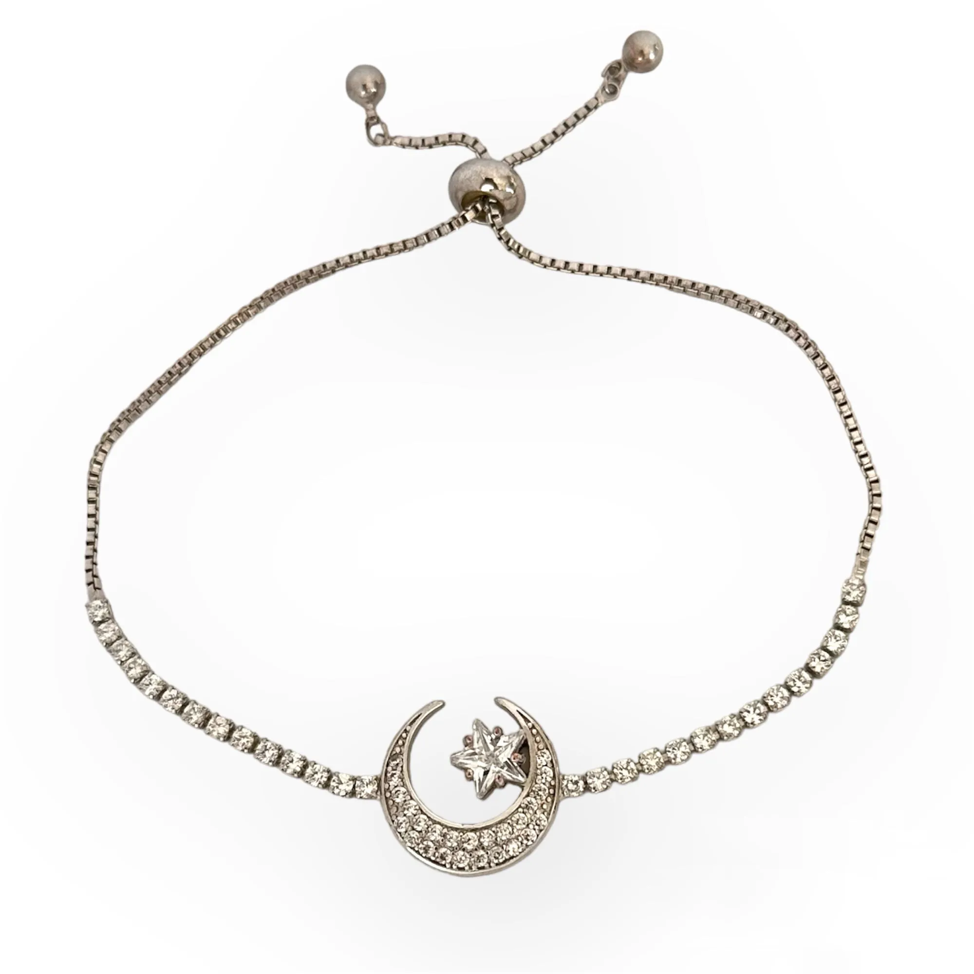 Vintage Moon and Star with Cubic Zirconia Expandable Brass Bracelet