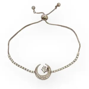 Vintage Moon and Star with Cubic Zirconia Expandable Brass Bracelet