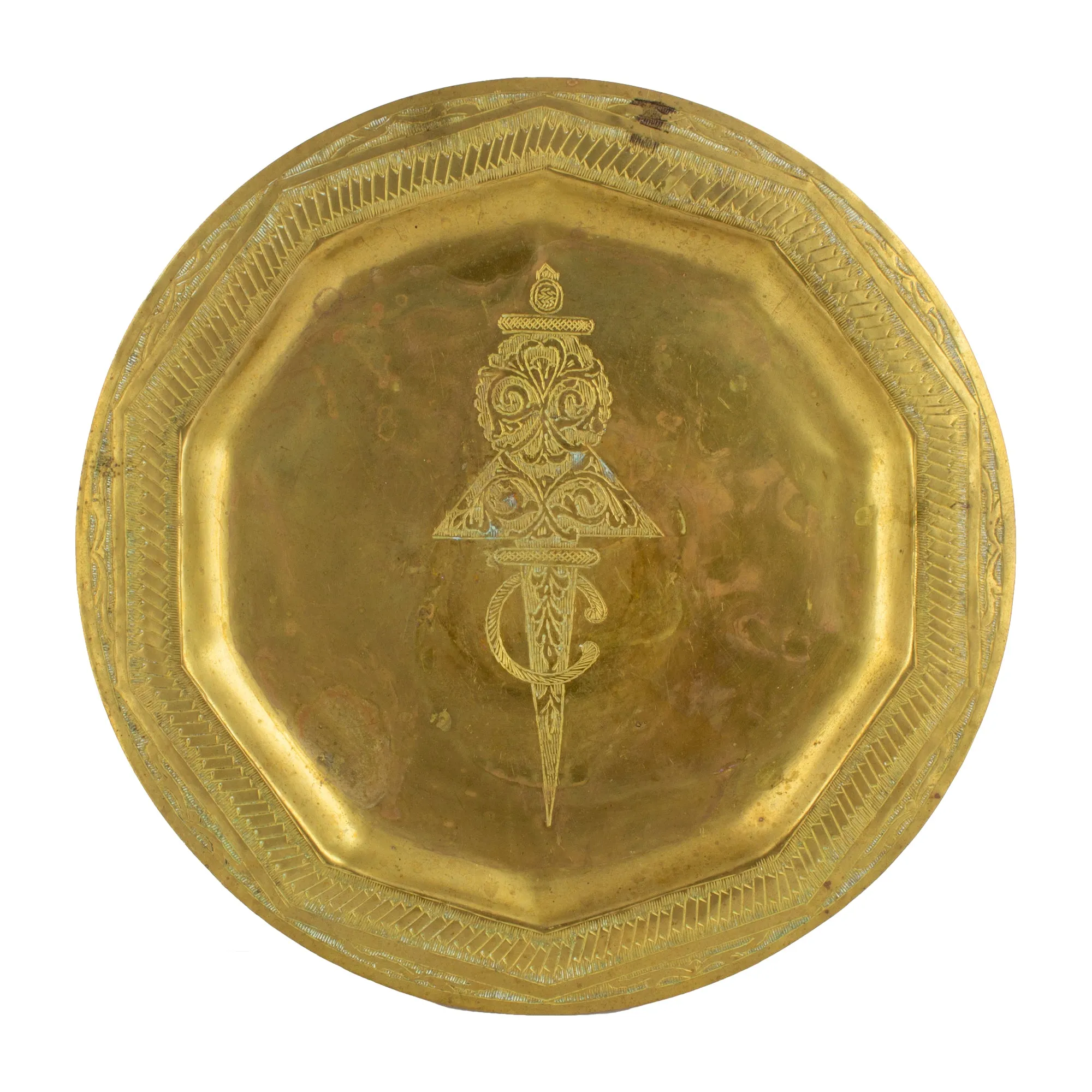 Vintage Moroccan Brass Tray with Engraved Design