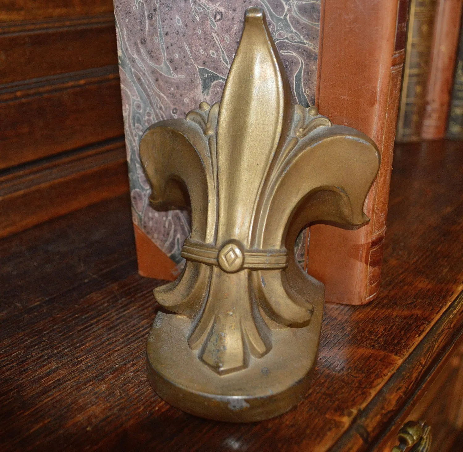 Vintage Pair Book Ends Heavy Brass Finish Fleur de Lis Bookends