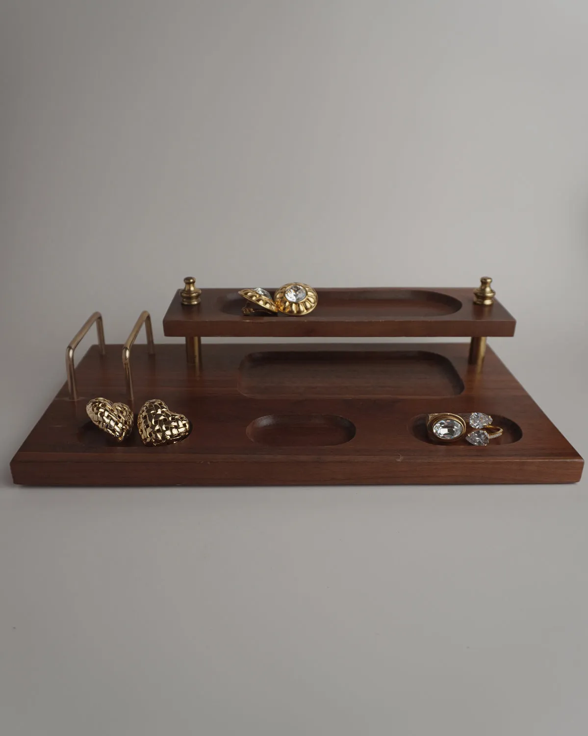 VINTAGE WALNUT & BRASS DESK VALET - 2 TIER