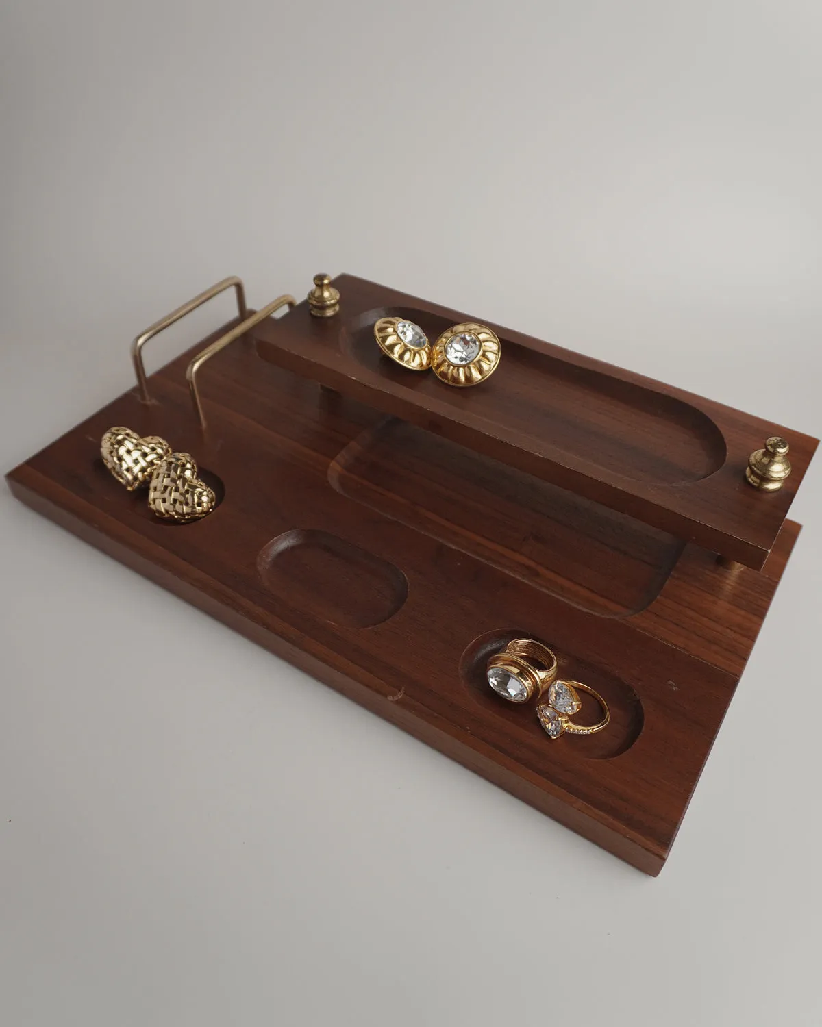 VINTAGE WALNUT & BRASS DESK VALET - 2 TIER