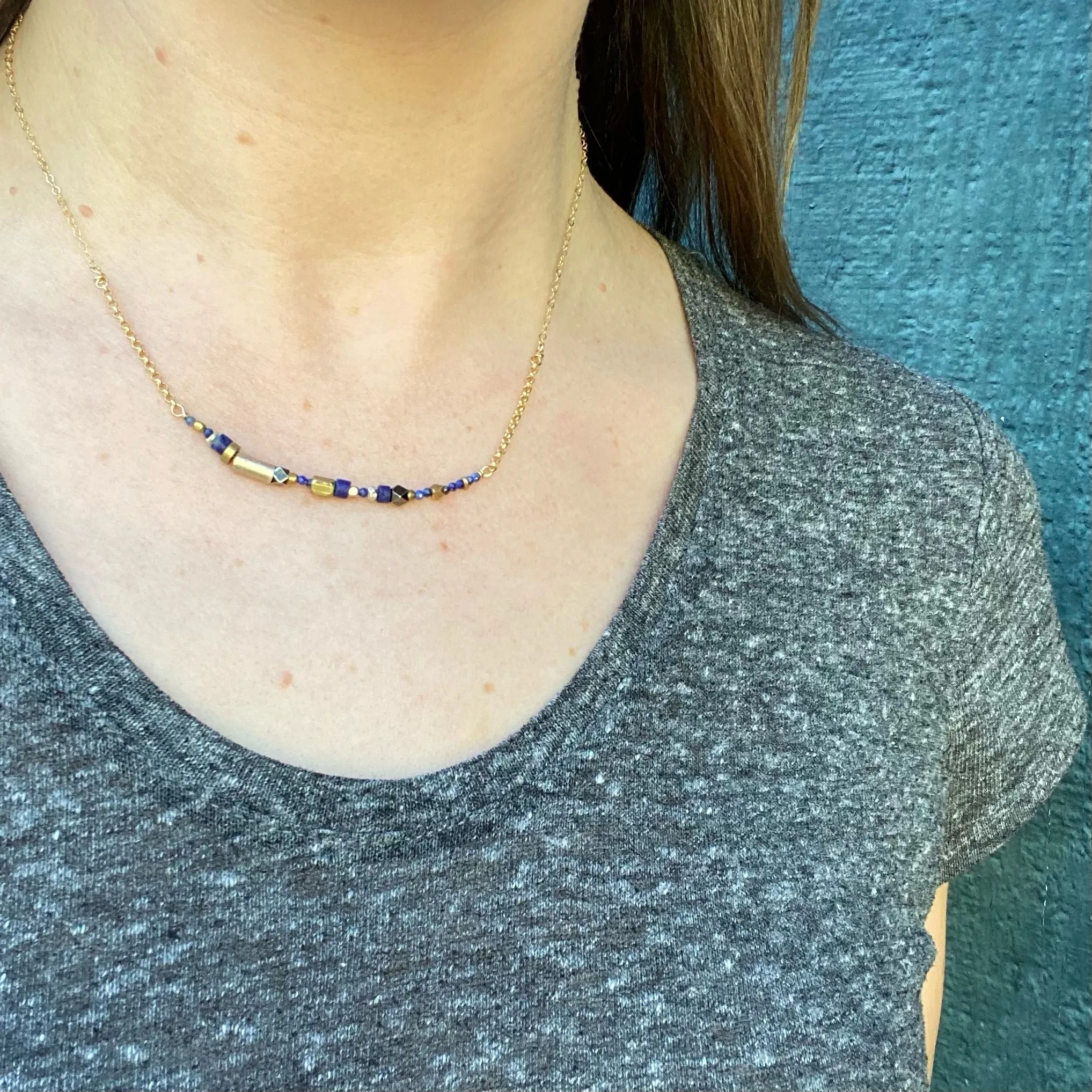 Vivid Blue Lapis & Brass Bead Arc Necklace by Brin