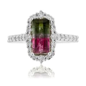 Watermelon Tourmaline & Diamond Halo Ring