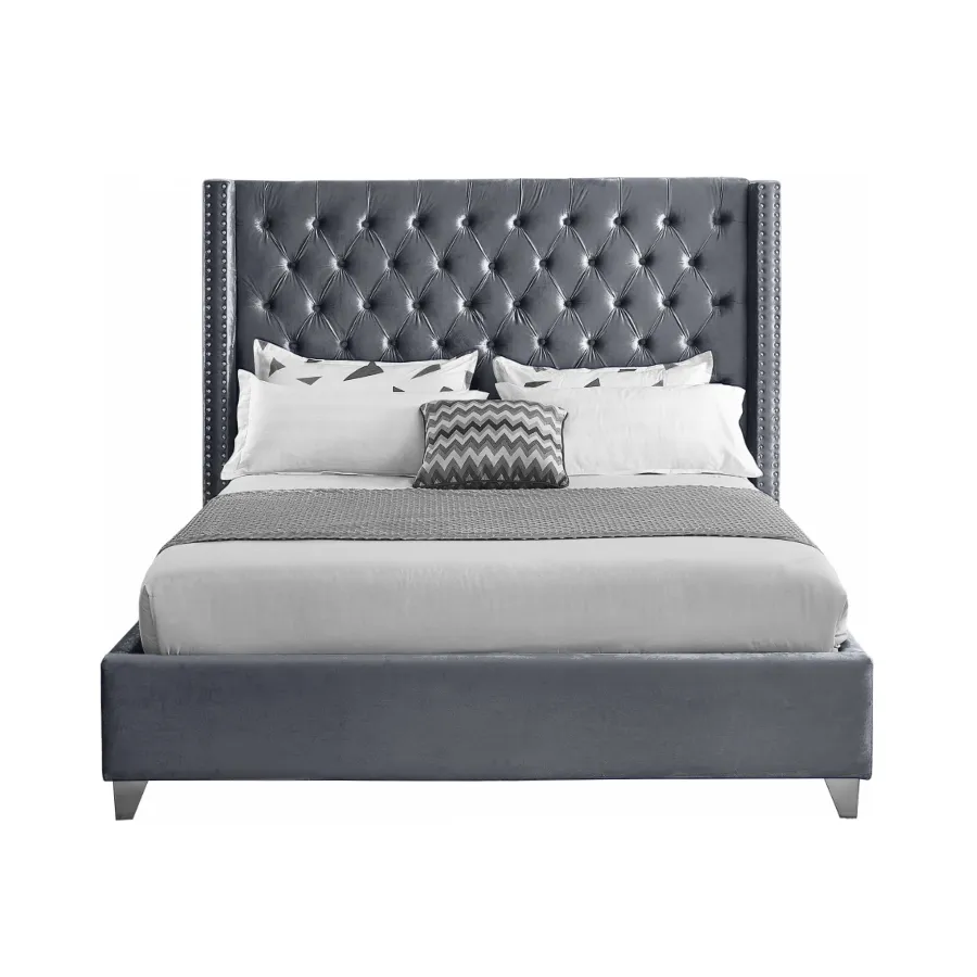 Wing Tufted Bed - Grey Velvet
