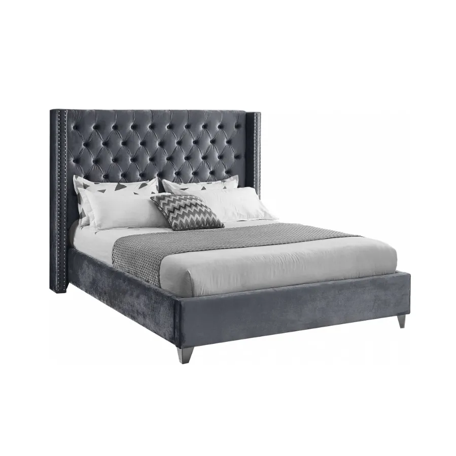 Wing Tufted Bed - Grey Velvet