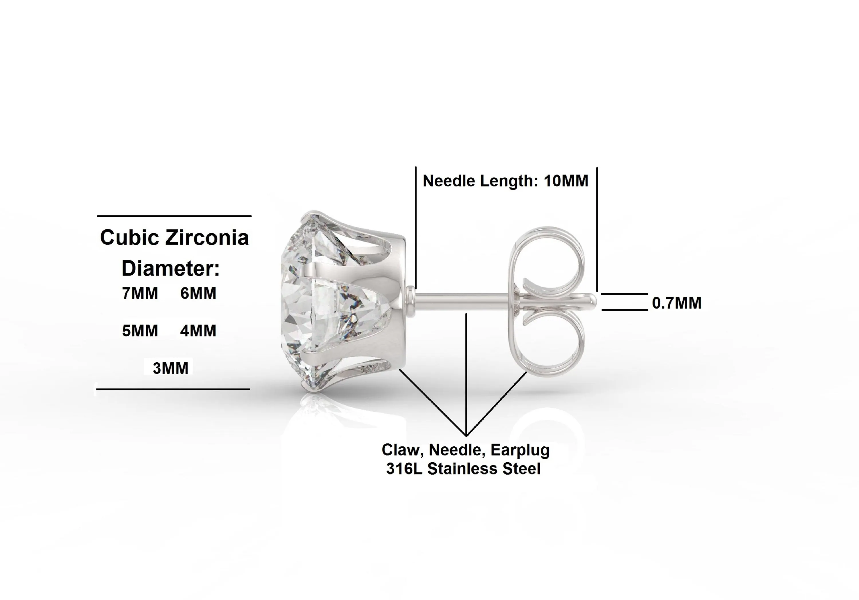 Women's Round Clear Cubic Zirconia (CZ) Stainless Steel Stud Earring 10 Pairs Assorted Sizes