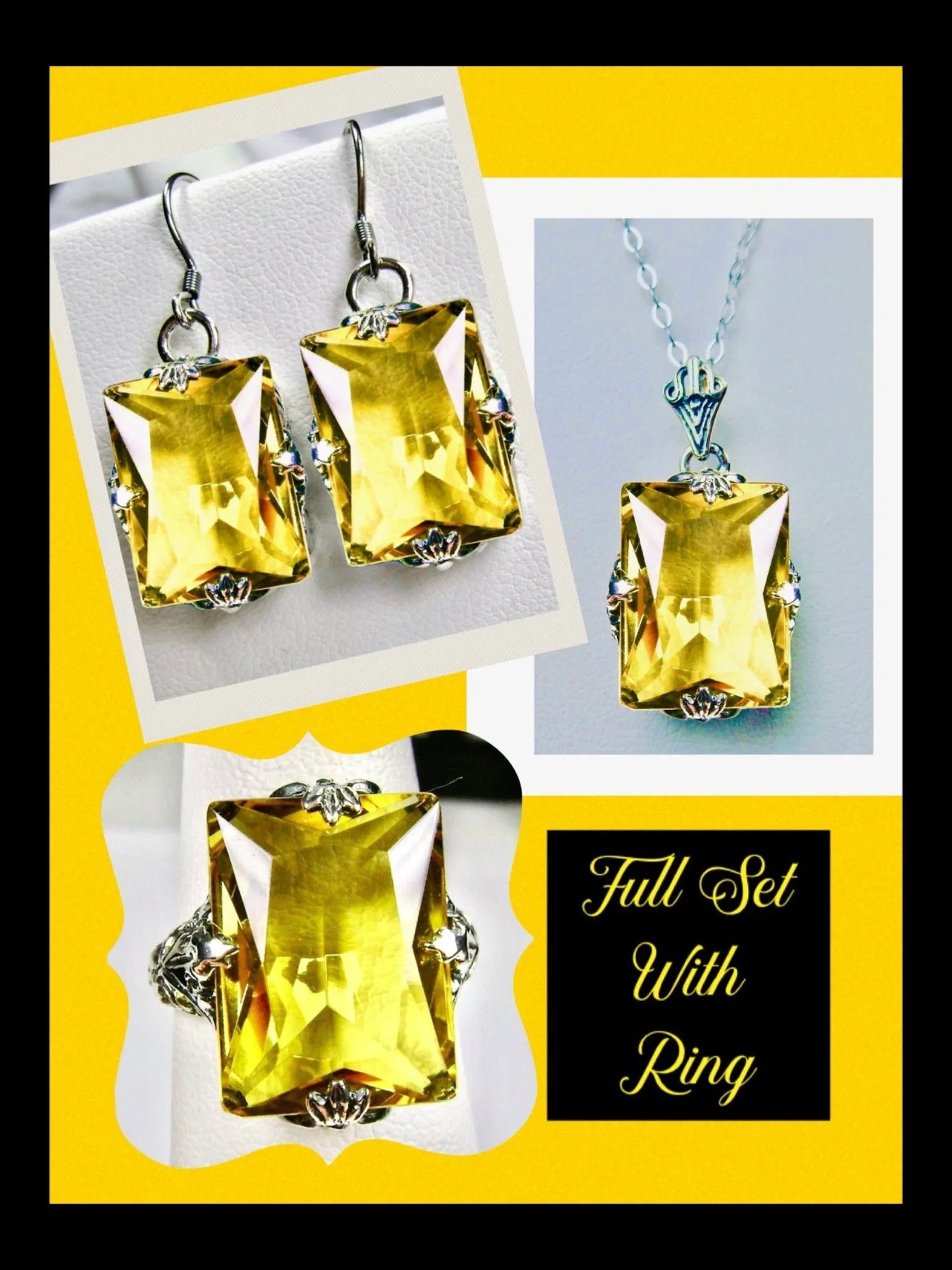 Yellow Citrine Jewelry Set, Rectangle Art Deco Set includes Ring, Earrings & Pendant #S15