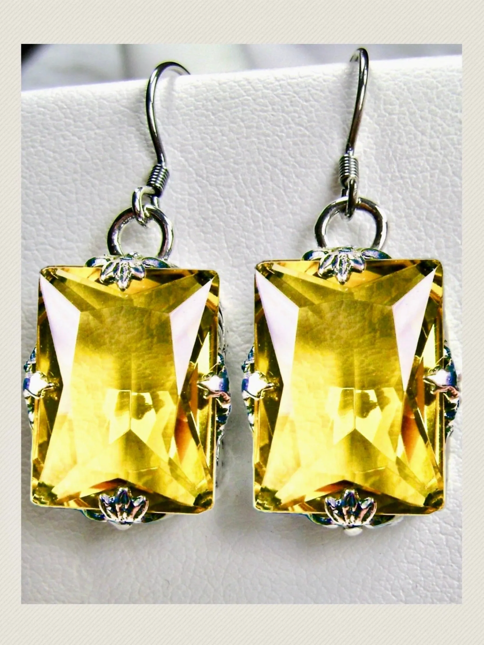 Yellow Citrine Jewelry Set, Rectangle Art Deco Set includes Ring, Earrings & Pendant #S15